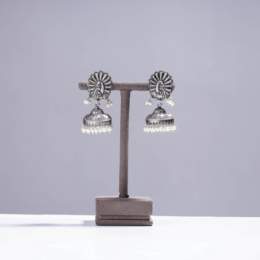 WHITE RIVER STORIES Antique Silver Finish Oxidised Brass Base Jhumki Earrings