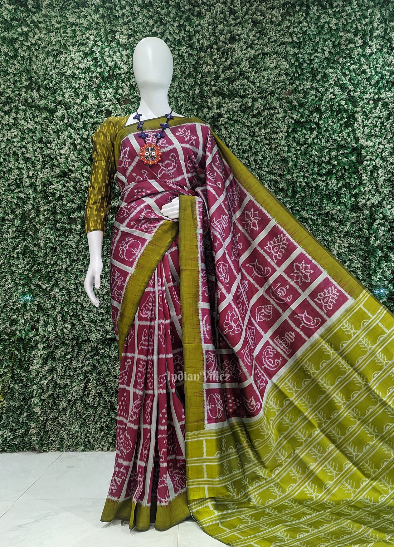 IndianVillèz Magenta Pink Olive Green Nabakothi Contemporary Designer Silk Saree