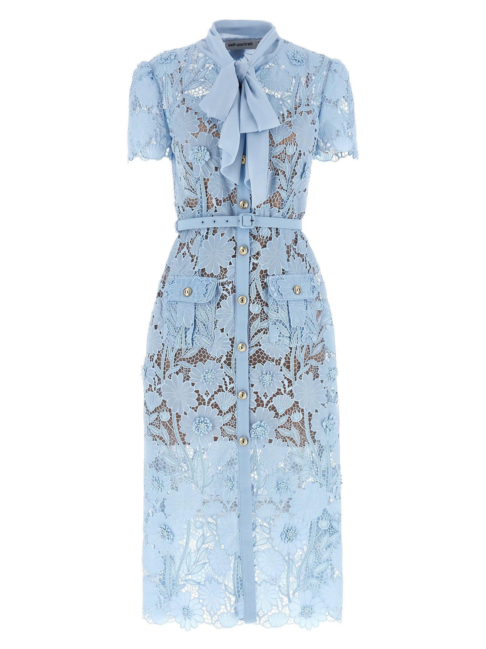 Self-Portrait Blue Lace Tie Neck Midi Dress – 100% polyester