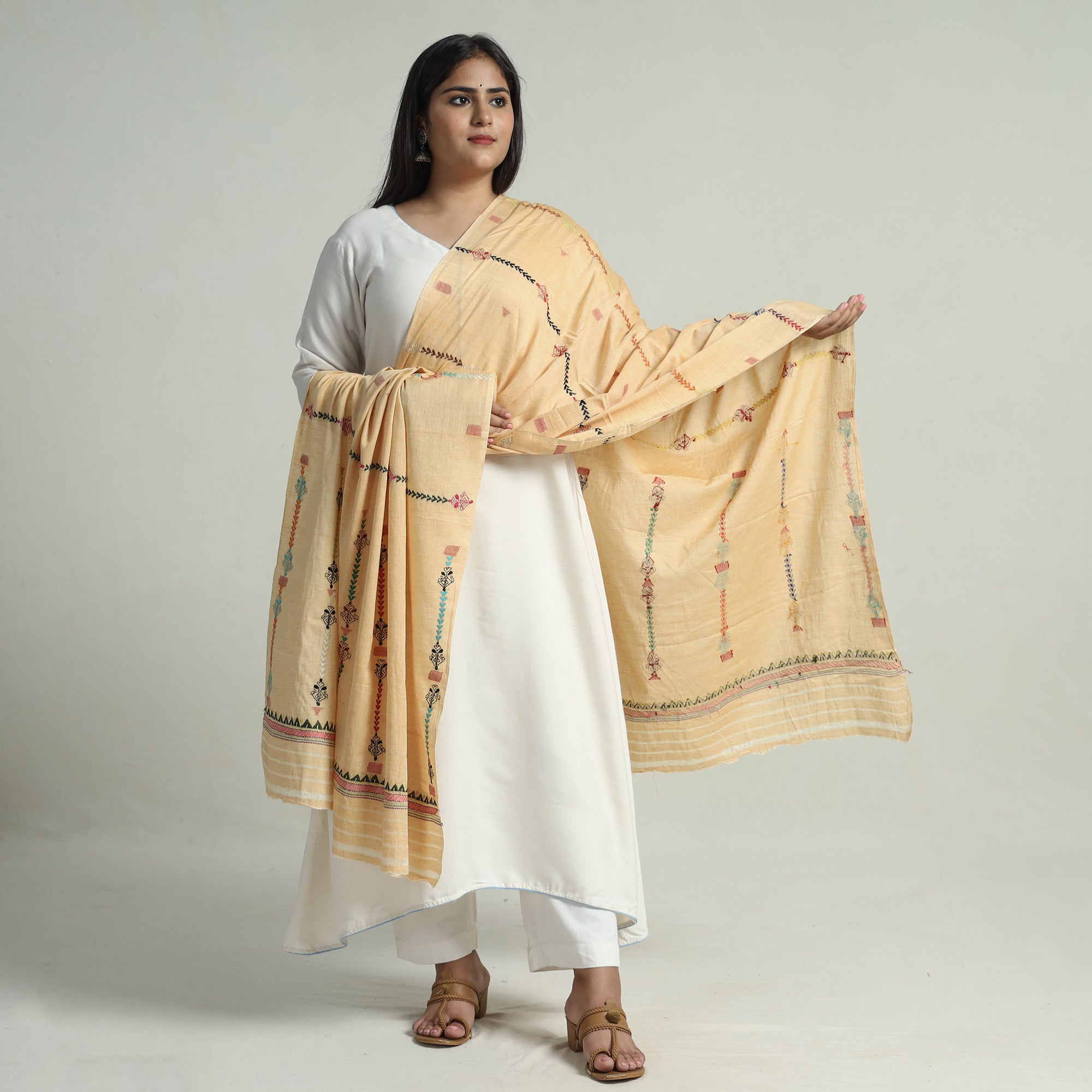 KHUSHBASH - HAPPY LOOM OF EAST Beige - Bengal Kantha Embroidery Silk Cotton Dupatta 06 - view 2