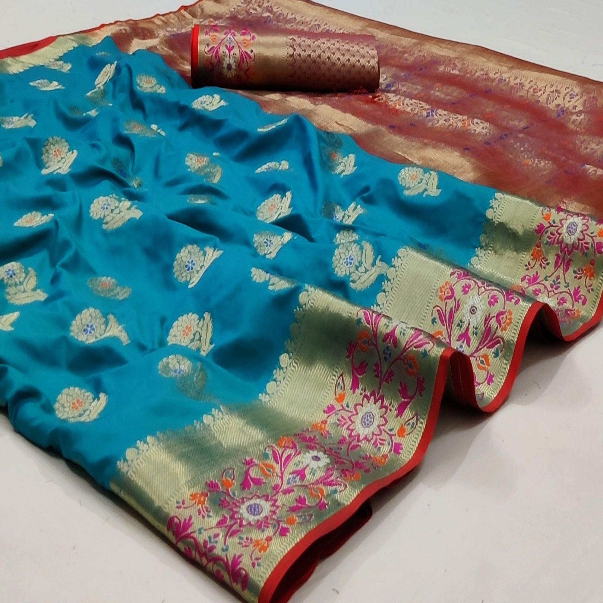 Peachmode Firozi Festive Wear Floral Woven Soft Silk Saree With Jacquard Border