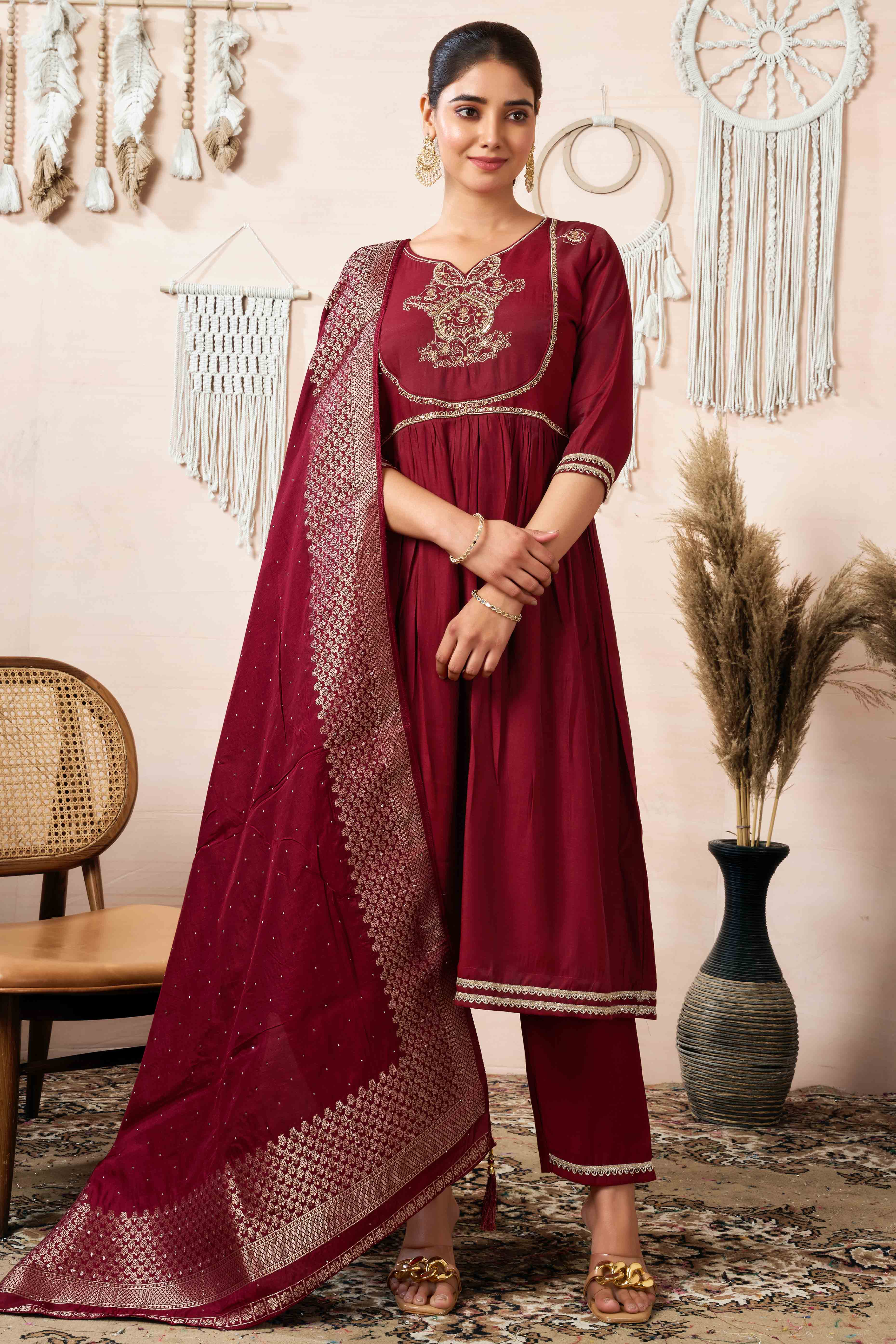 Peachmode Maroon Sequins Embroidered Cotton Silk Anarkali Salwar Suit