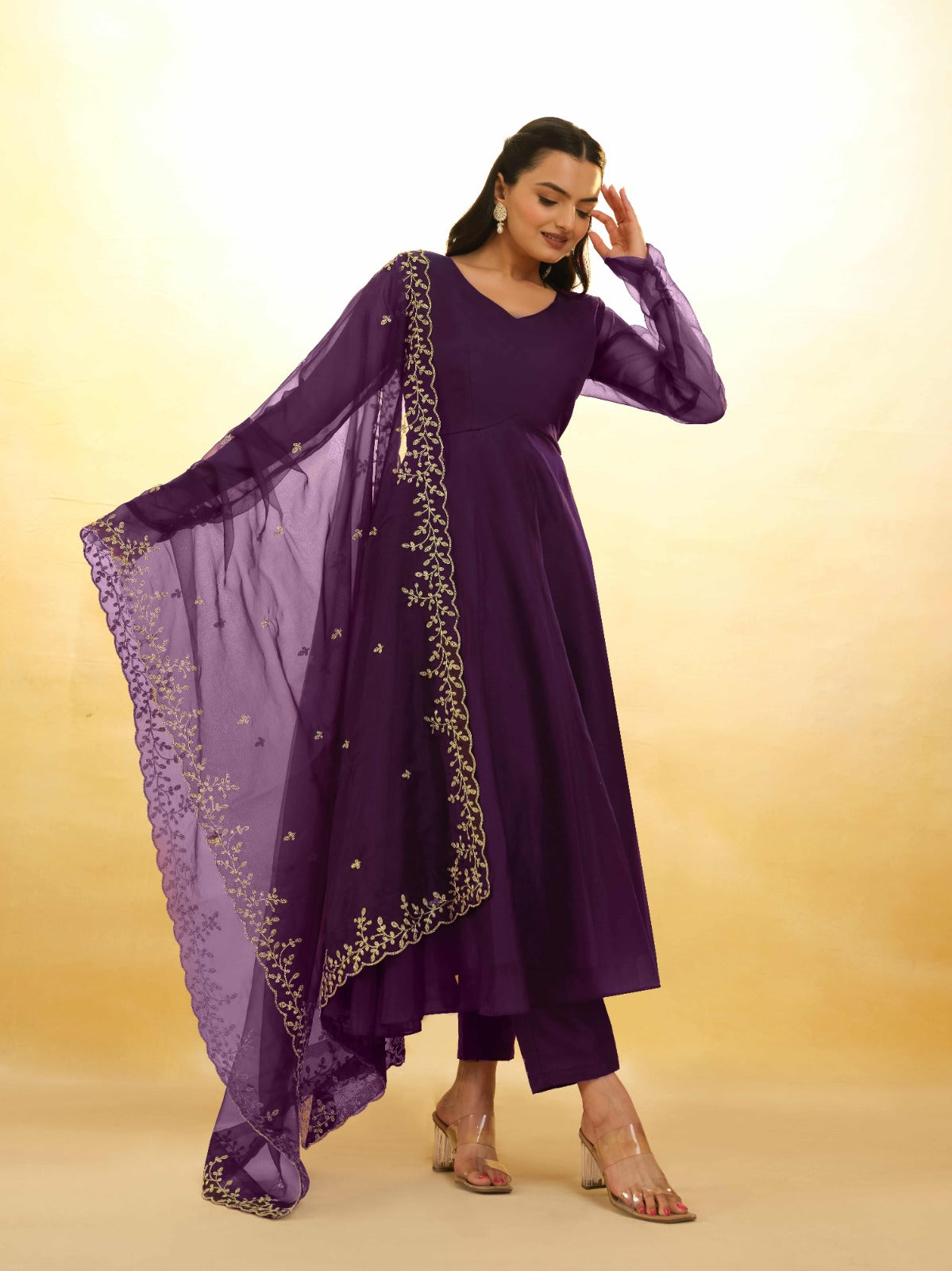 ClothsVilla Purple Organza Dress with Intricate Embroidery – Ready to Wear - view 5