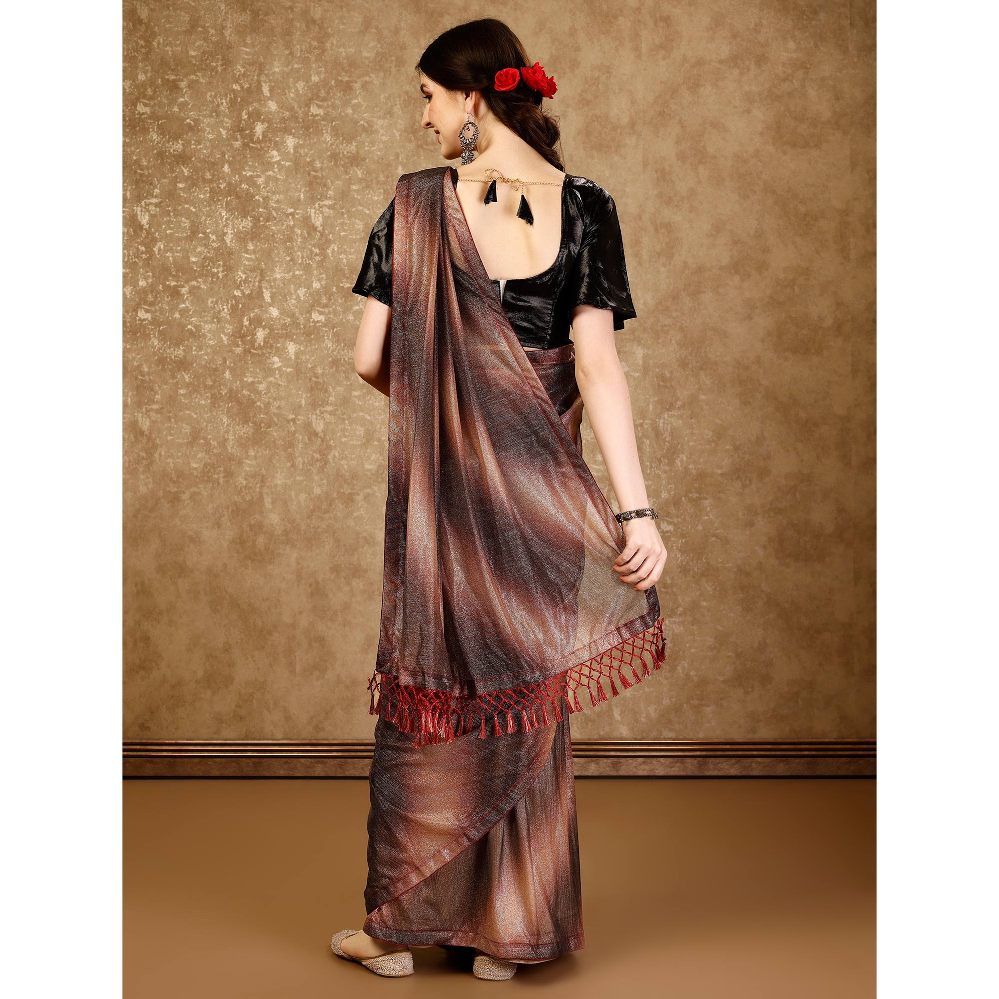 Peachmode Seller Brown Ombre Printed Lycra Ready To Wear Saree - view 6