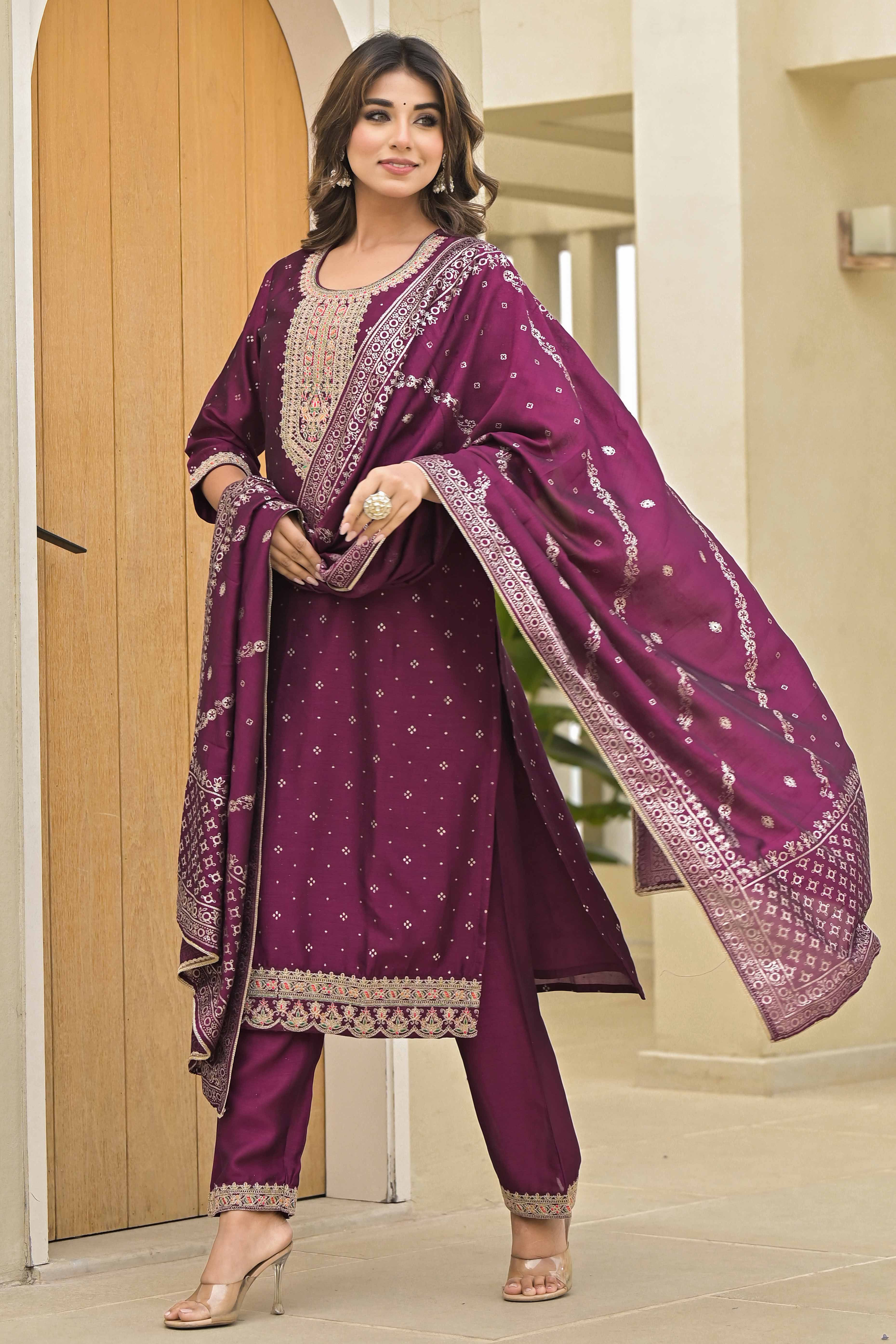 Peachmode Dark Purple Golden Embroidered Vichitra Silk Salwar Suit - view 3