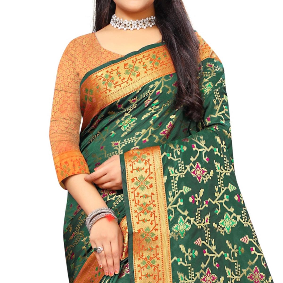 Peachmode Fantastic Dark Green Colored Festive Wear Woven Silk Saree - view 4