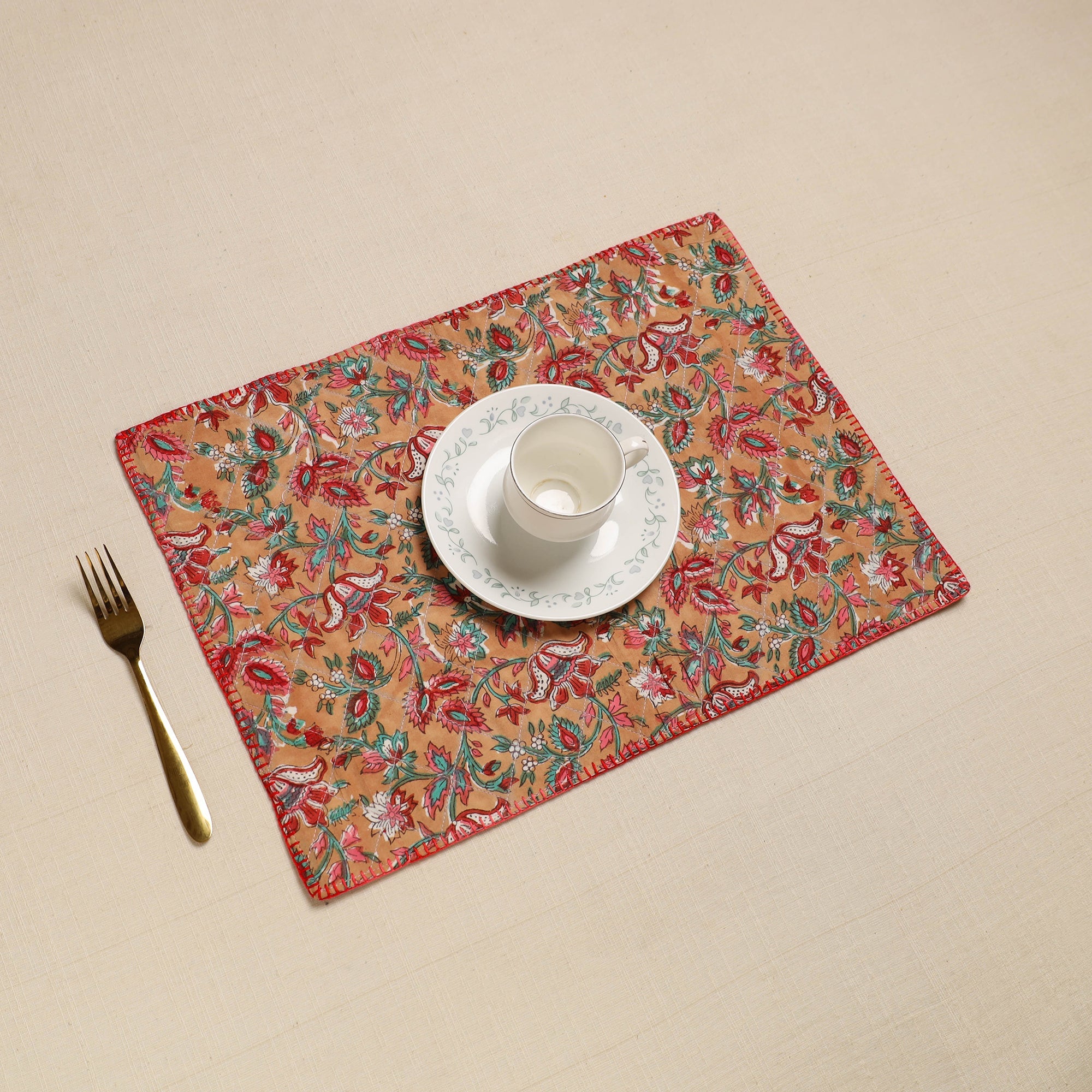 NOORI BAZAR Brown - Hand Embroidered Floral Cotton Reversible Table Mat 24