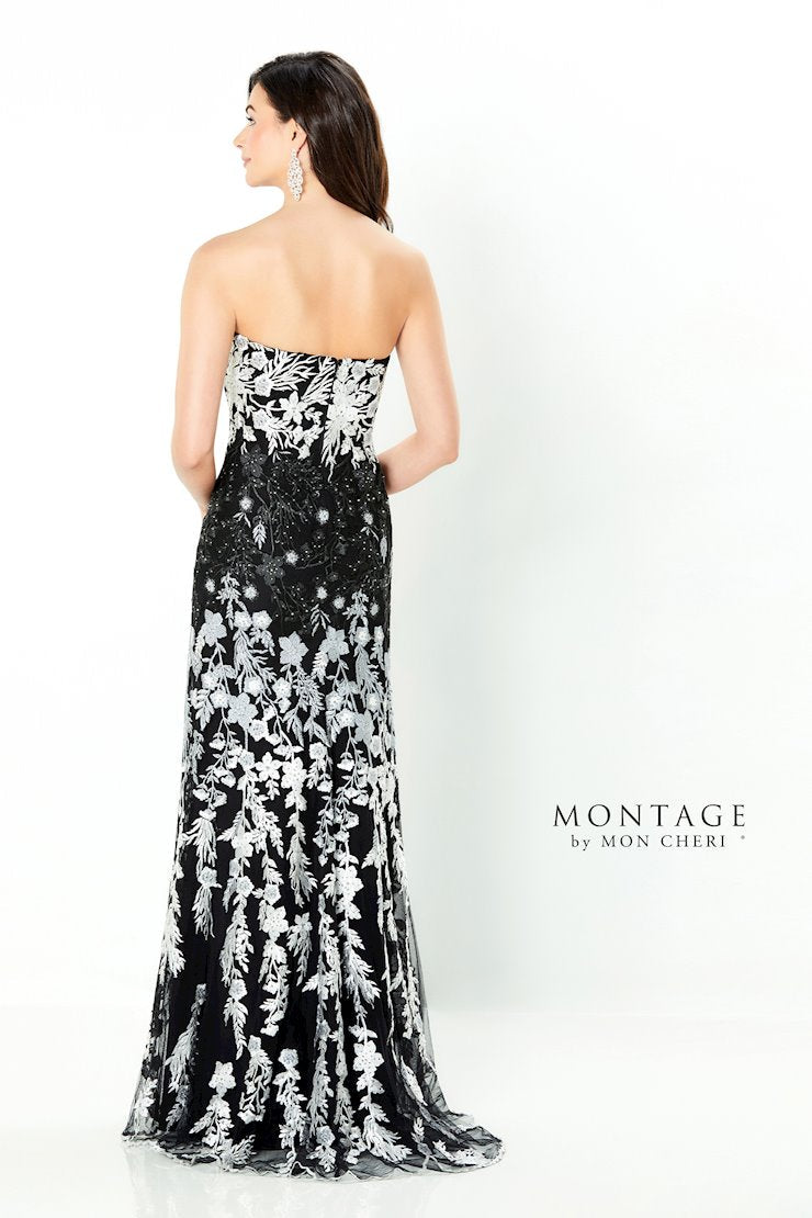 Montage 220944 Long Lace Detail Formal Dress – Black/White/Multi - view 2