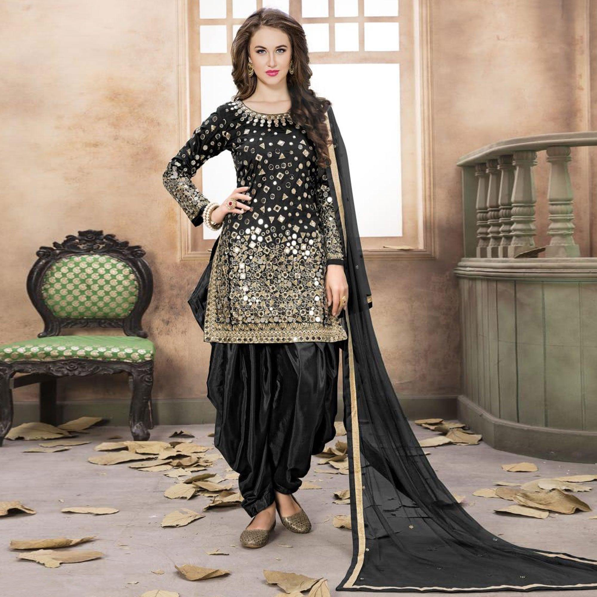 Peachmode Hypnotic Black Colored Partywear Embroidered Tapeta Silk Patiala Suit
