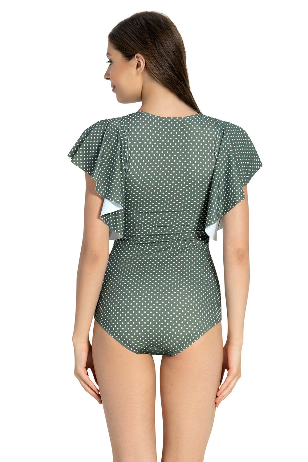 Amante Ruffle Sleeve One Piece Swimwear - Olive-Polka-Pr - view 3