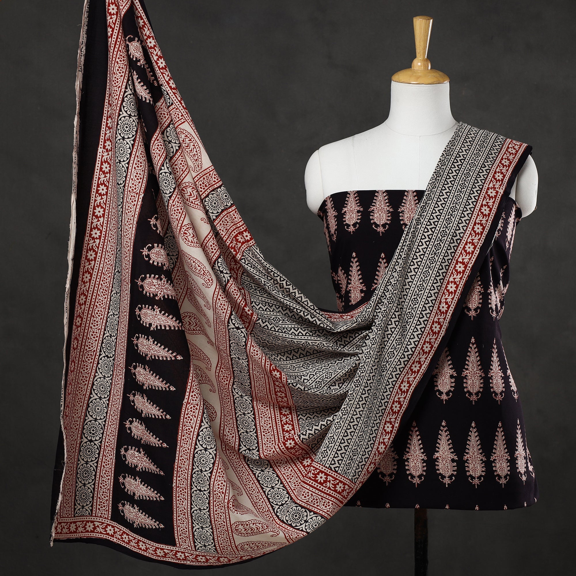 BAGH PRINTS BY UMAR FARUK KHATRI Black - 3pc Bagh Print Cotton Dress Material Set