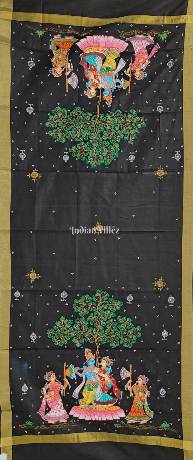 IndianVillèz Black Radha Krishna Pattachitra Art on Chanderi Dupatta