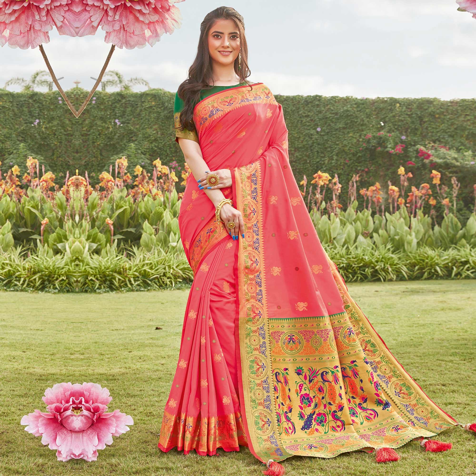 Peachmode Ideal Peach Coloured Partywear Woven Silk Saree