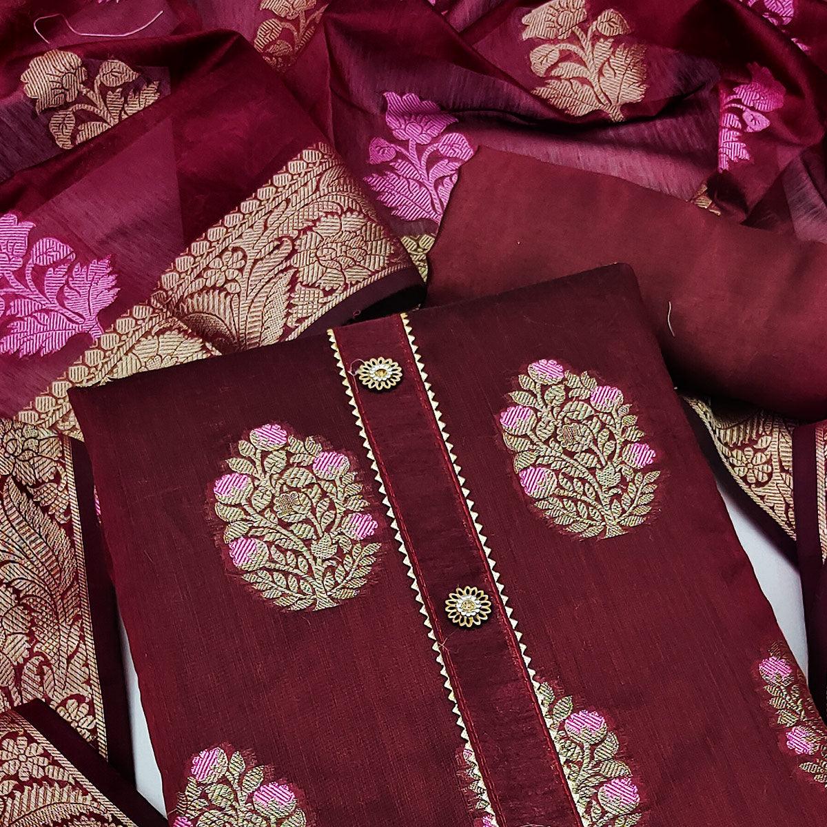 Peachmode Maroon Woven Jacquard Dress Material - view 2