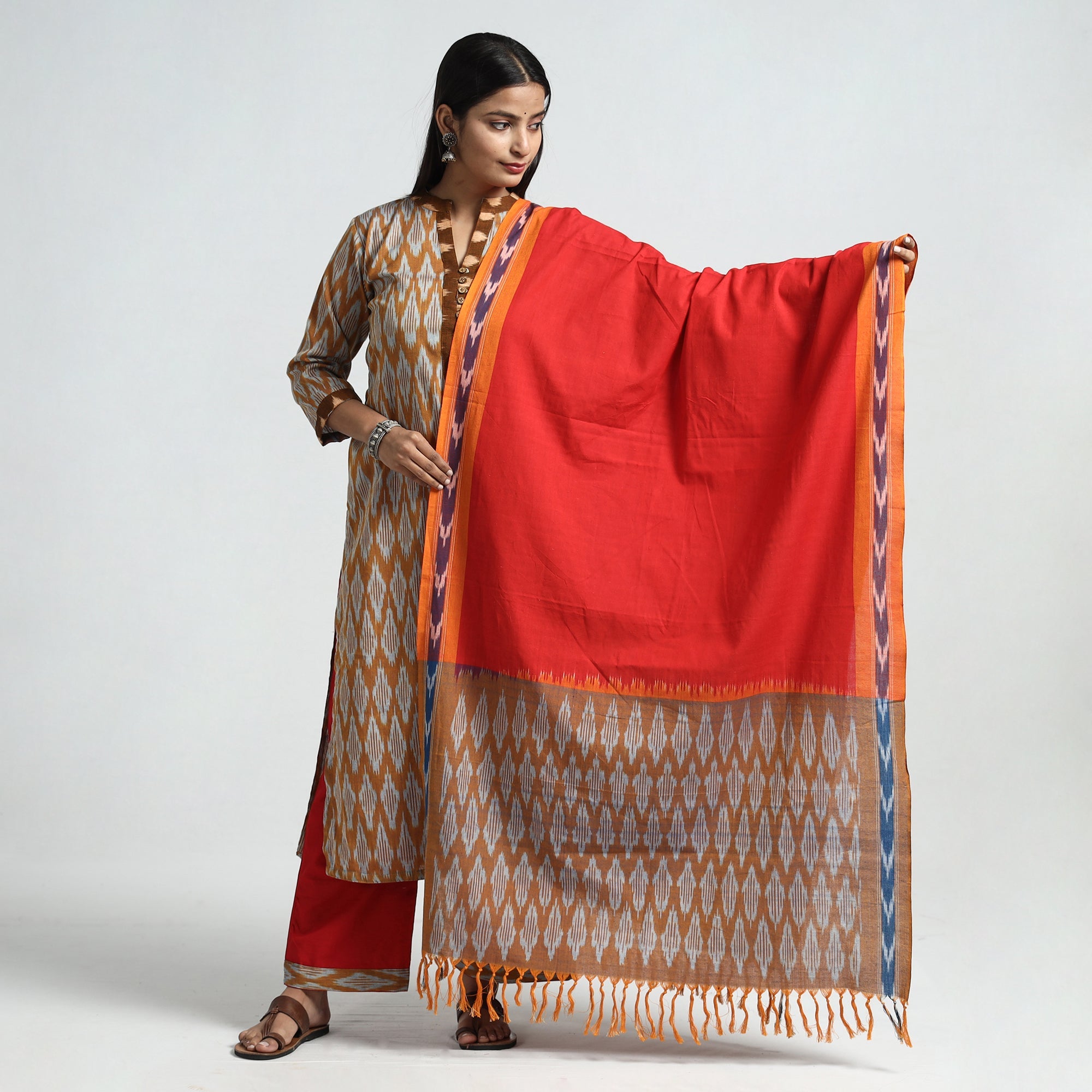 ITOKRI CASUALS Brown - Pochampally Ikat Weave Cotton Kurta with Palazzo & Dupatta Set - view 2