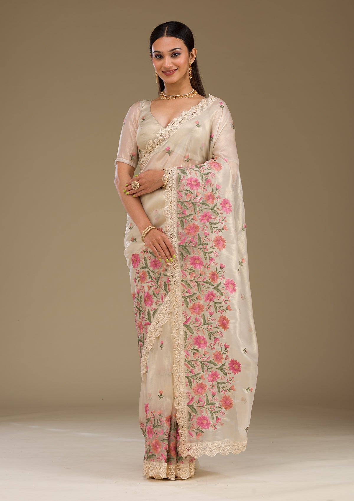 Koskii Cream Threadwork Tissue Saree – Women's - view 4