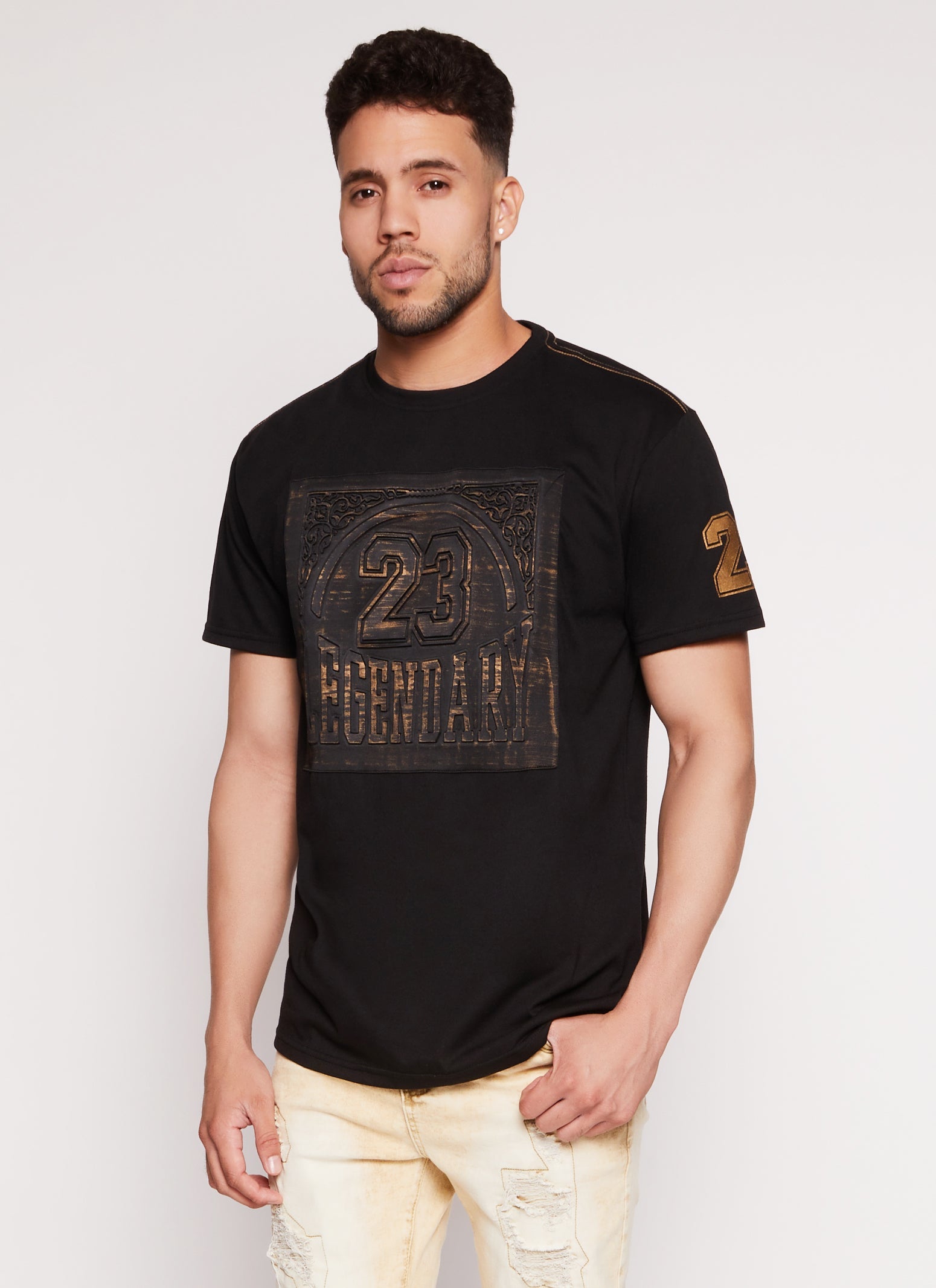 Rainbow Shops Mens Legendary 23 Sleeve Patch Graphic Tee
