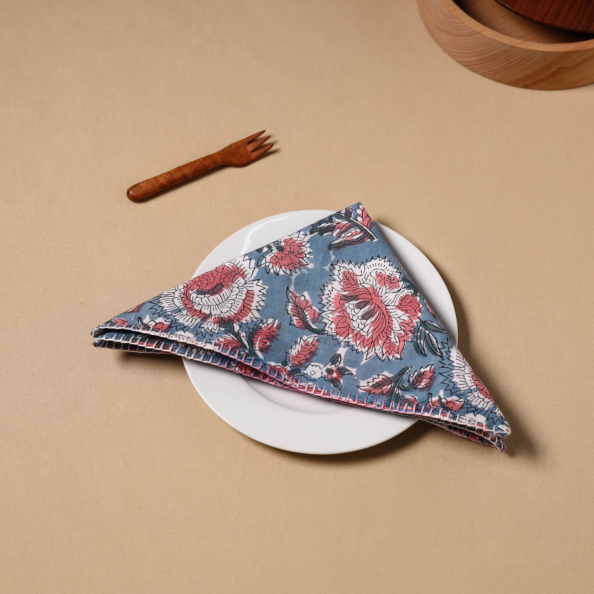 NOORI BAZAR Blue - Floral Sanganeri Block Print Cotton Table Napkin 09