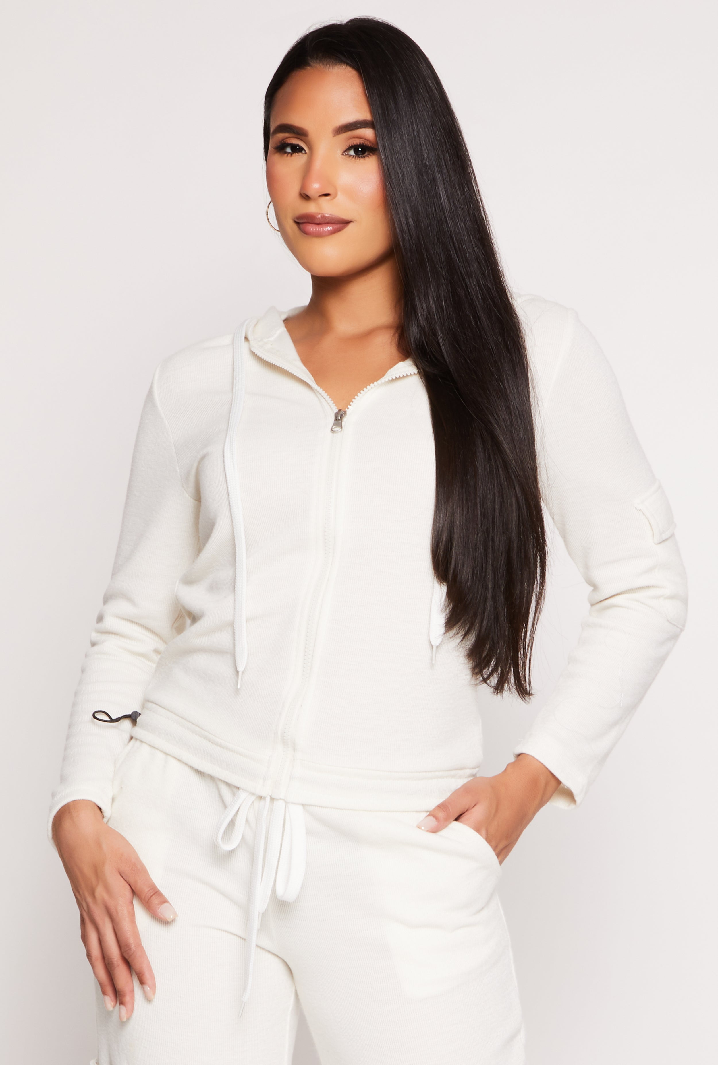 Rainbow Shops Cargo Pocket Sleeve Zip Front Hoodie