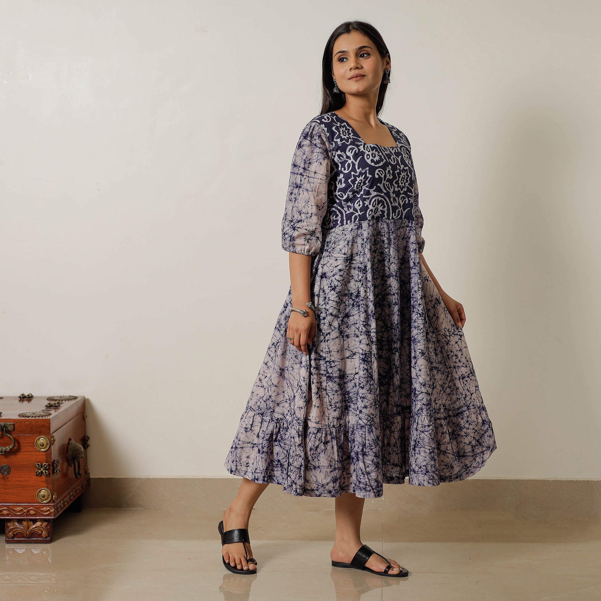 ITOKRI CASUALS Blue - Hand Batik Printed Cotton Flared Dress 01 - view 4