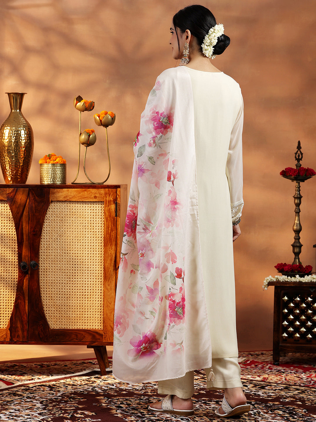 Libas Cream Embroidered Georgette Straight Suit With Dupatta - view 3