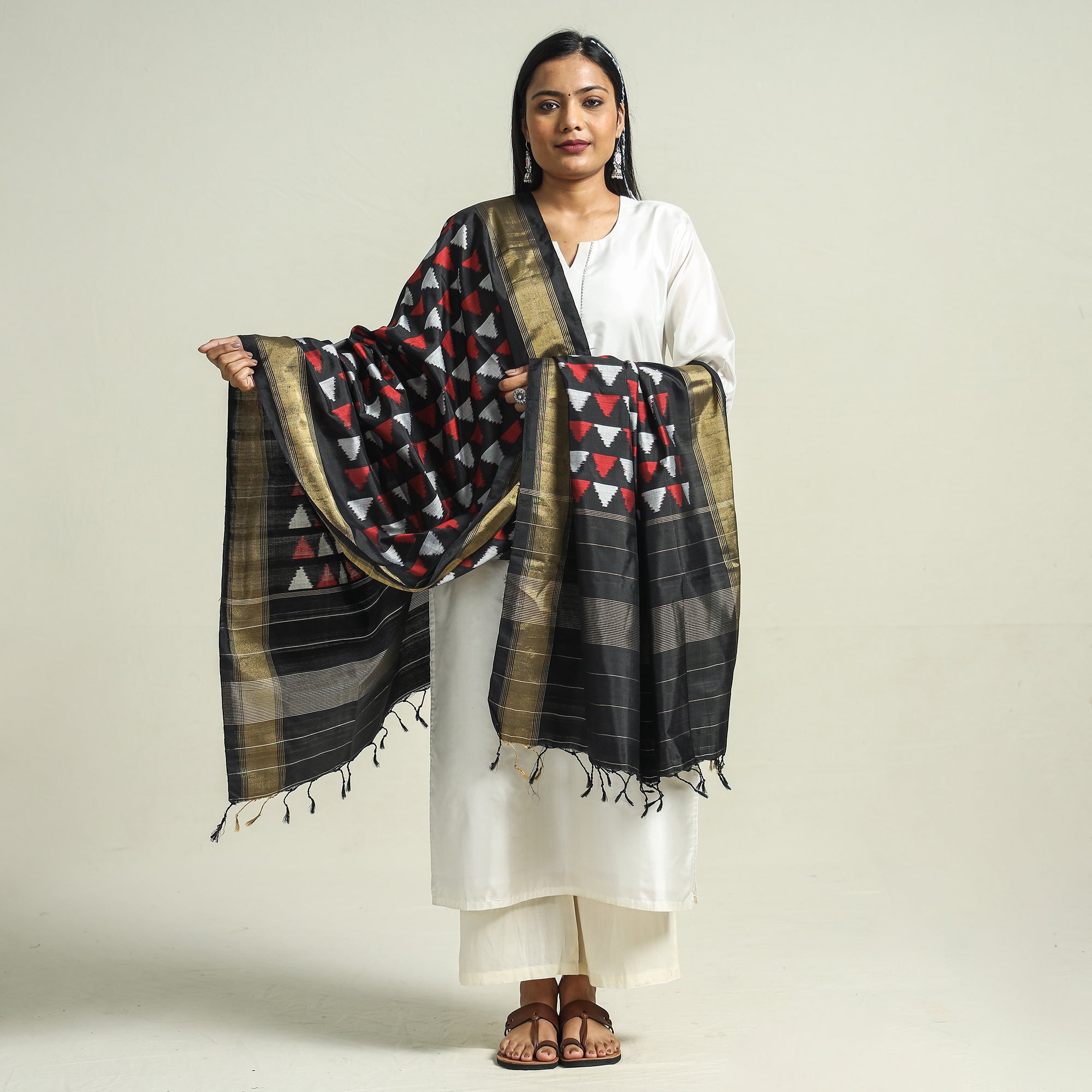 IKAT WEAVES BY EDEM CHANDANA Black - Handwoven Pochampally Ikat Pure Mulberry Silk Dupatta with Tassels - view 2