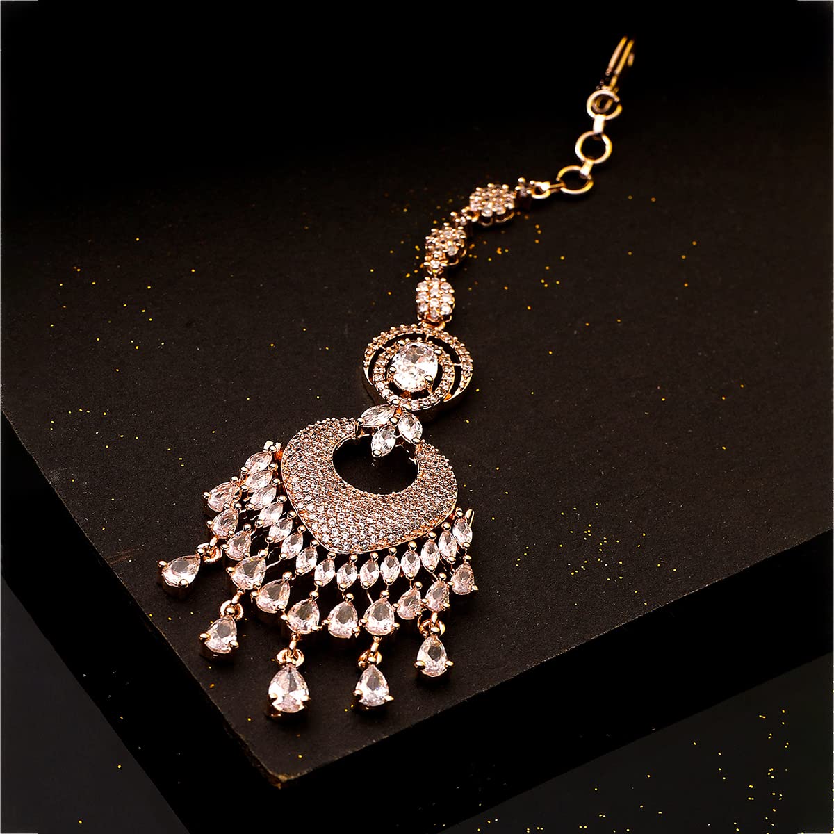 Yellow Chimes Mangtika for Women & Girls American Diamond Maang Tikka |Rose Gold Plated Chandbali Designed Maang Tikka for Women for Wedding | Birthda - view 2