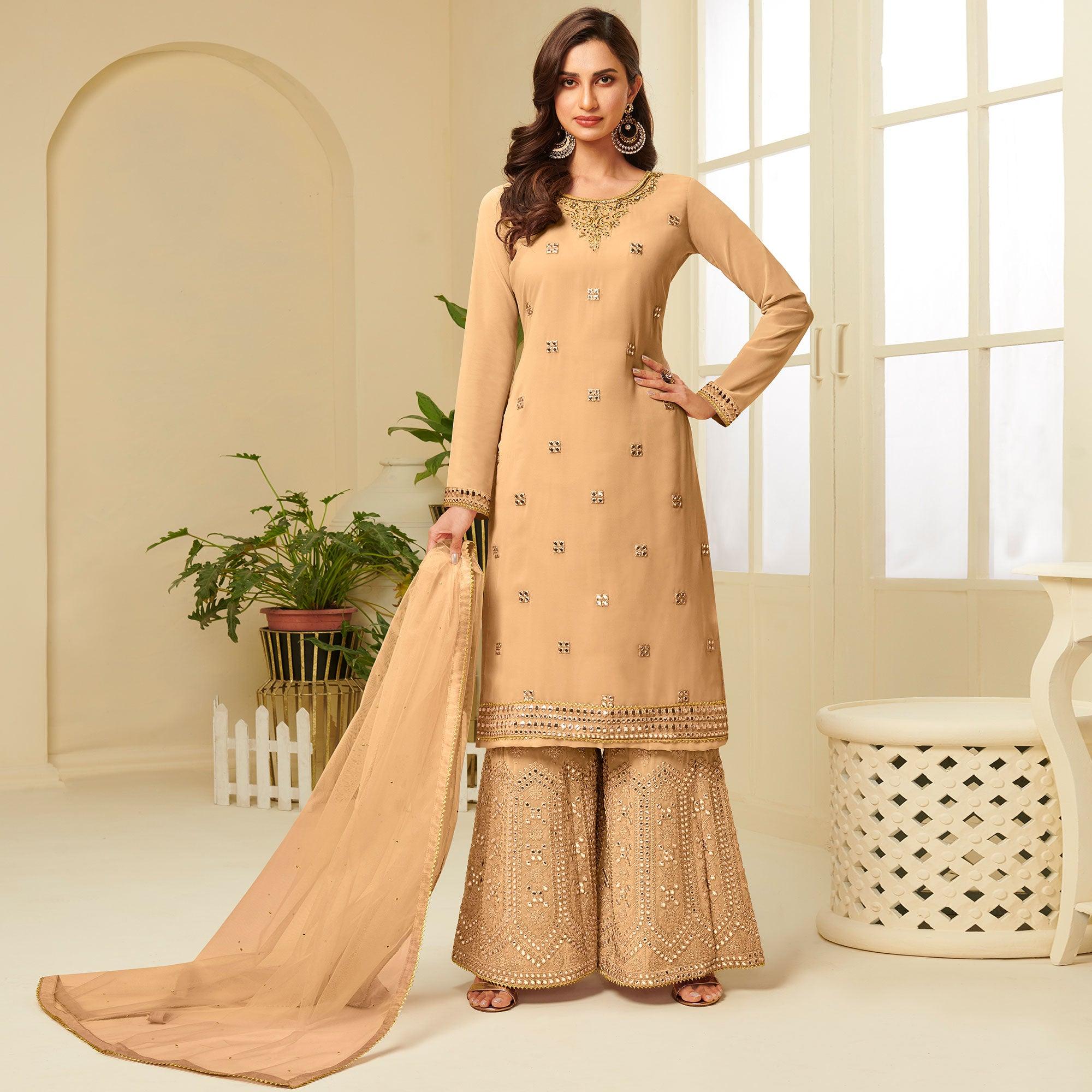 Peachmode Exotic Mustard Yellow Coloured Partywear Gota Work Georgette Palazzo Suit