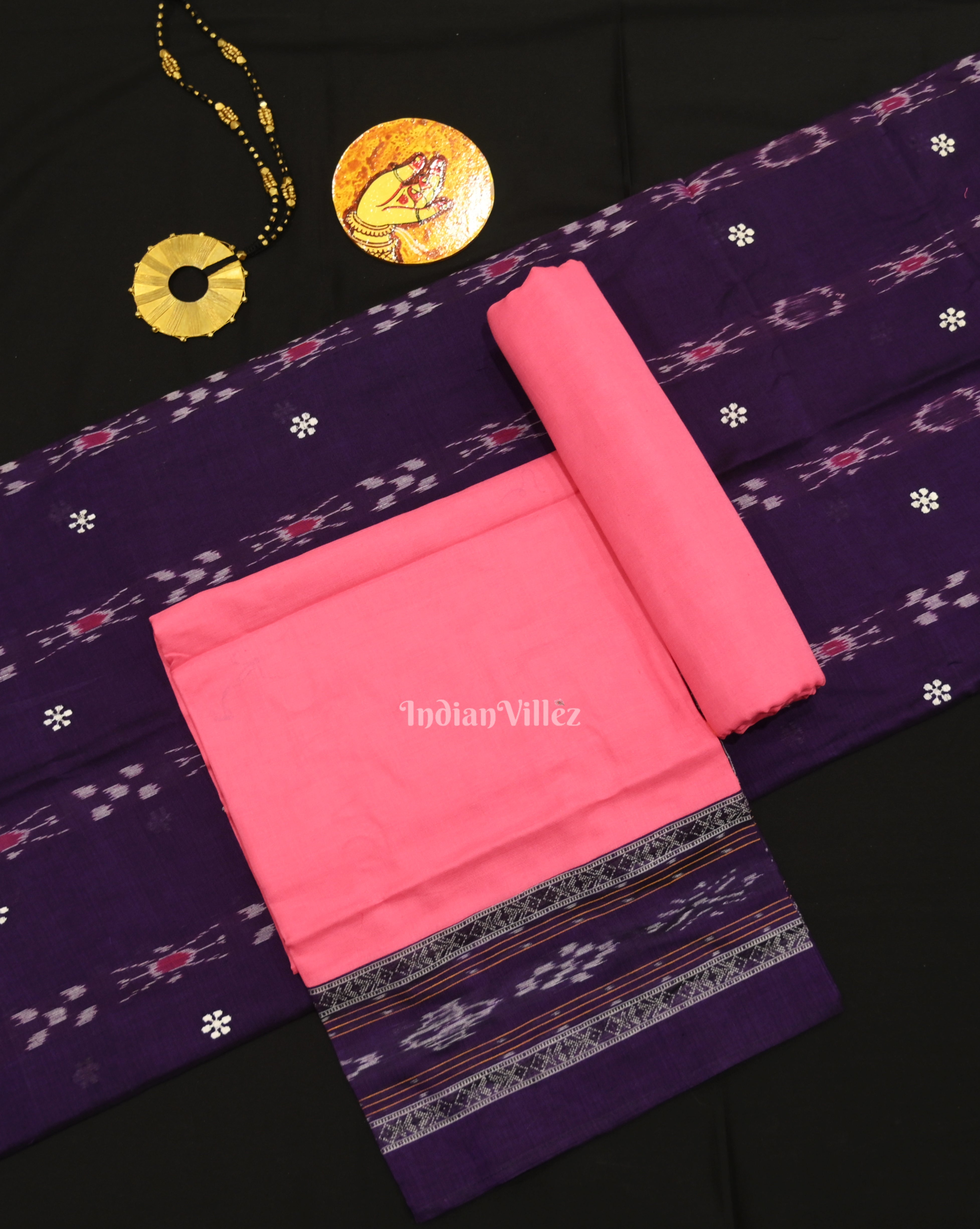IndianVillèz Purple Pink Flower Buti Odisha Ikat Sambalpuri Dress Set & Dupatta
