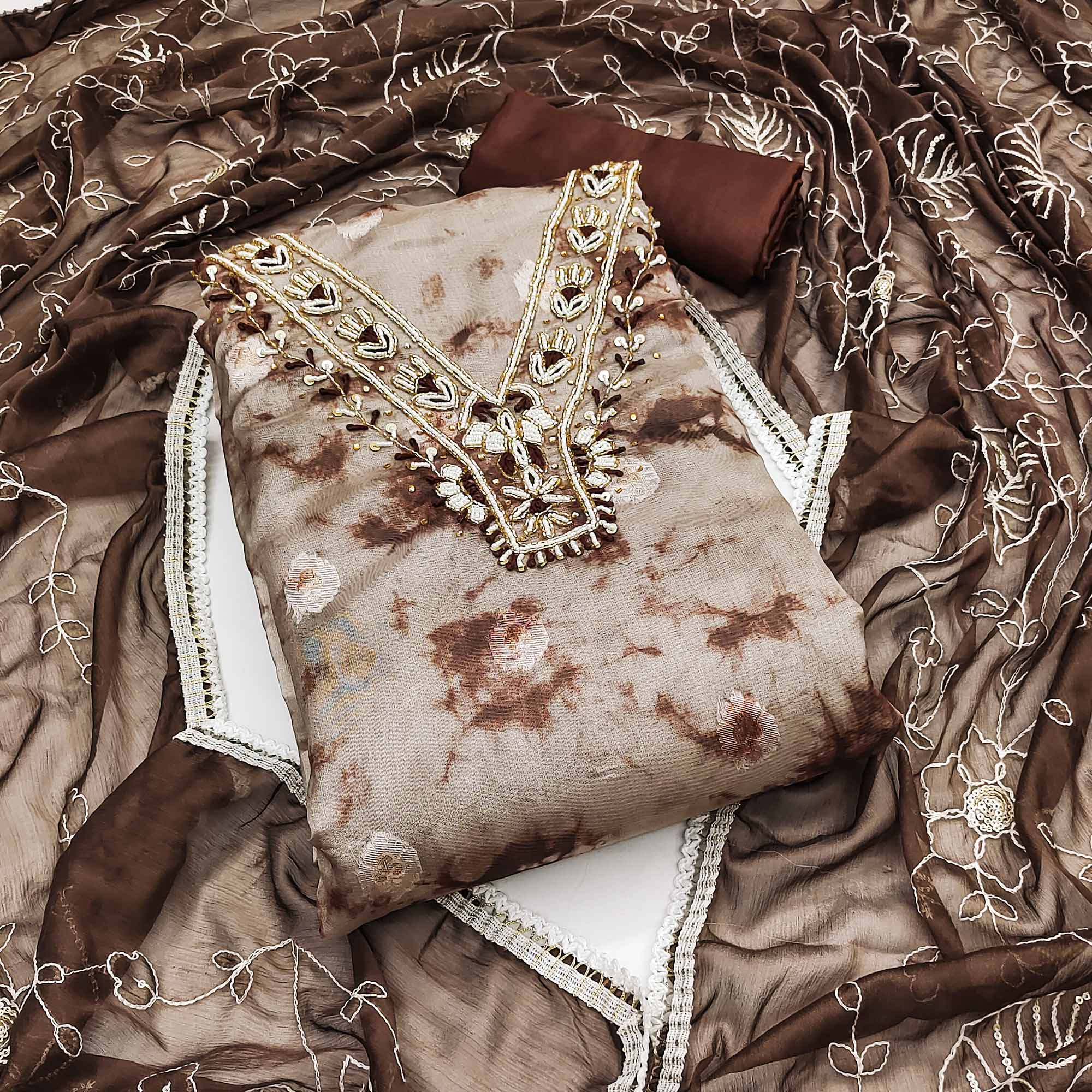 Peachmode Brown Digital Printed With Handwork Organza Dress Material