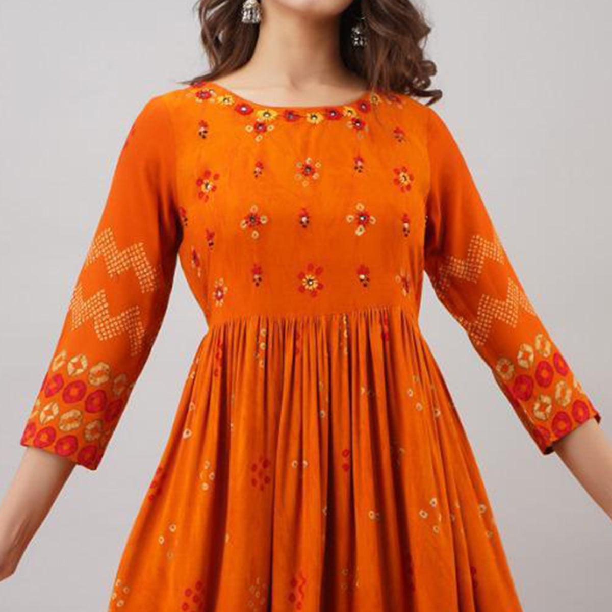 Peachmode Impressive Orange Colored Partywear Embroidered Muslin Long Kurti - view 5
