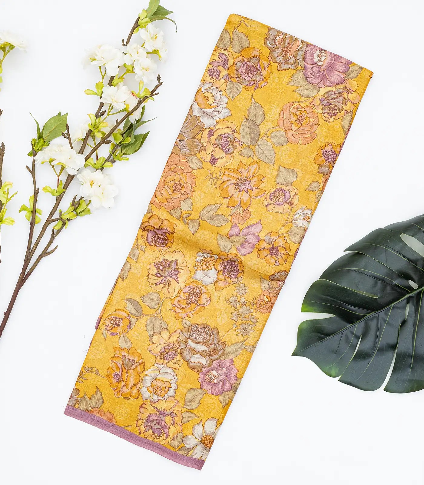 RmKV Yellow Woven Digital Printed Chiffon Silk Saree With Floral Motifs