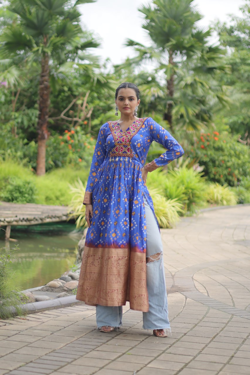 ClothsVilla.com Blue Designer Printed Kurti in Heavy Cotton with Kutchi Gamthi Lace and Kodi Work