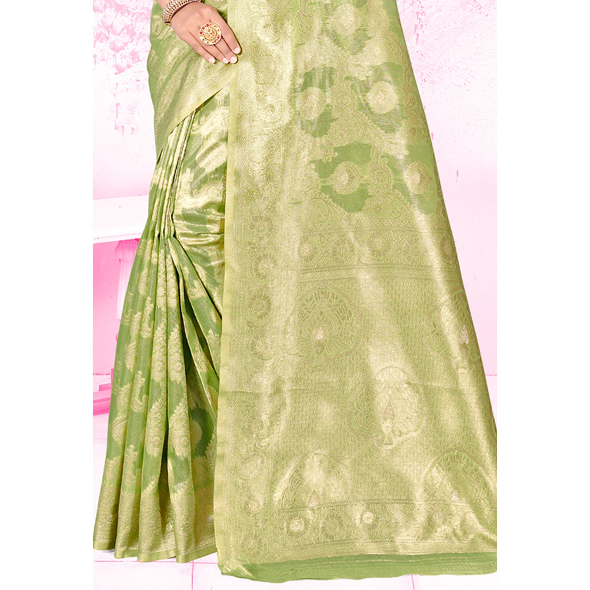 Peachmode Light Green Woven Cotton Blend Saree - view 5