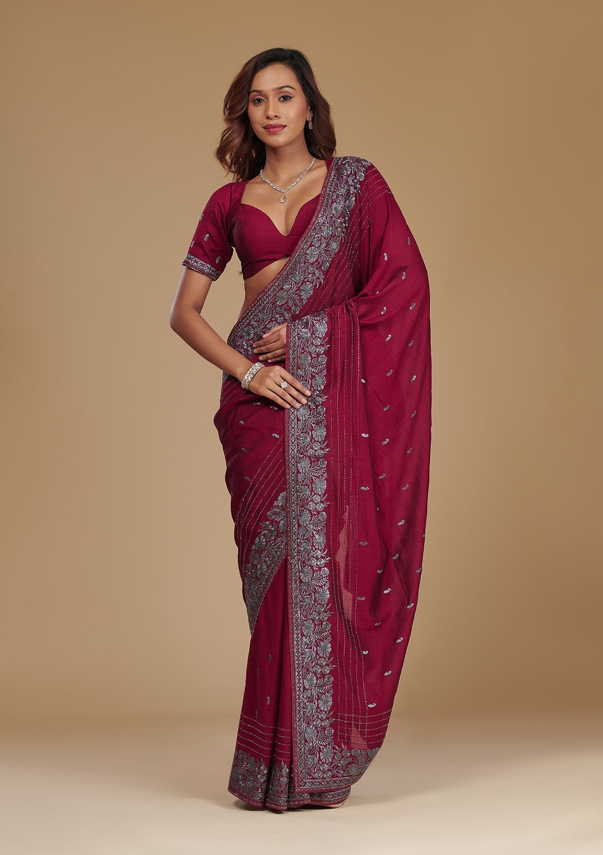Koskii Wine Zariwork Georgette Saree – Women's