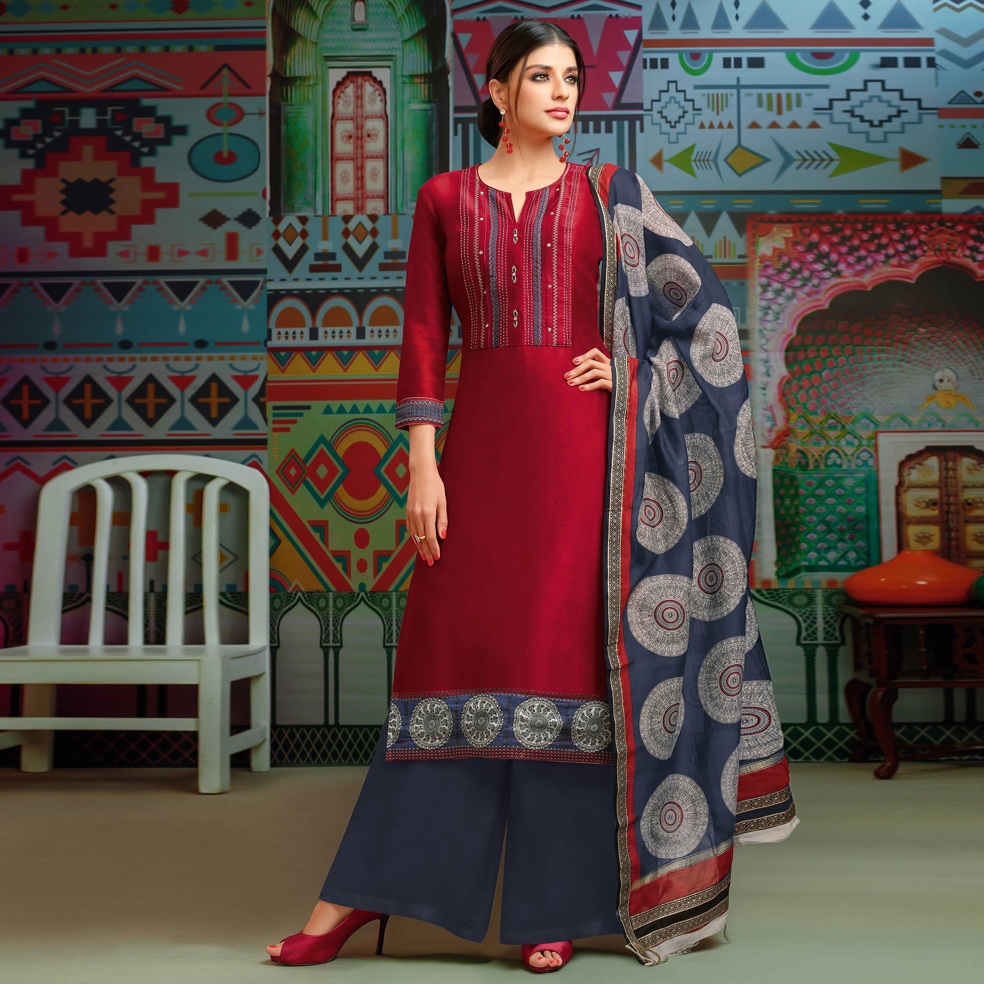 Peachmode Maroon Digital Printed Chanderi Palazzo Suit