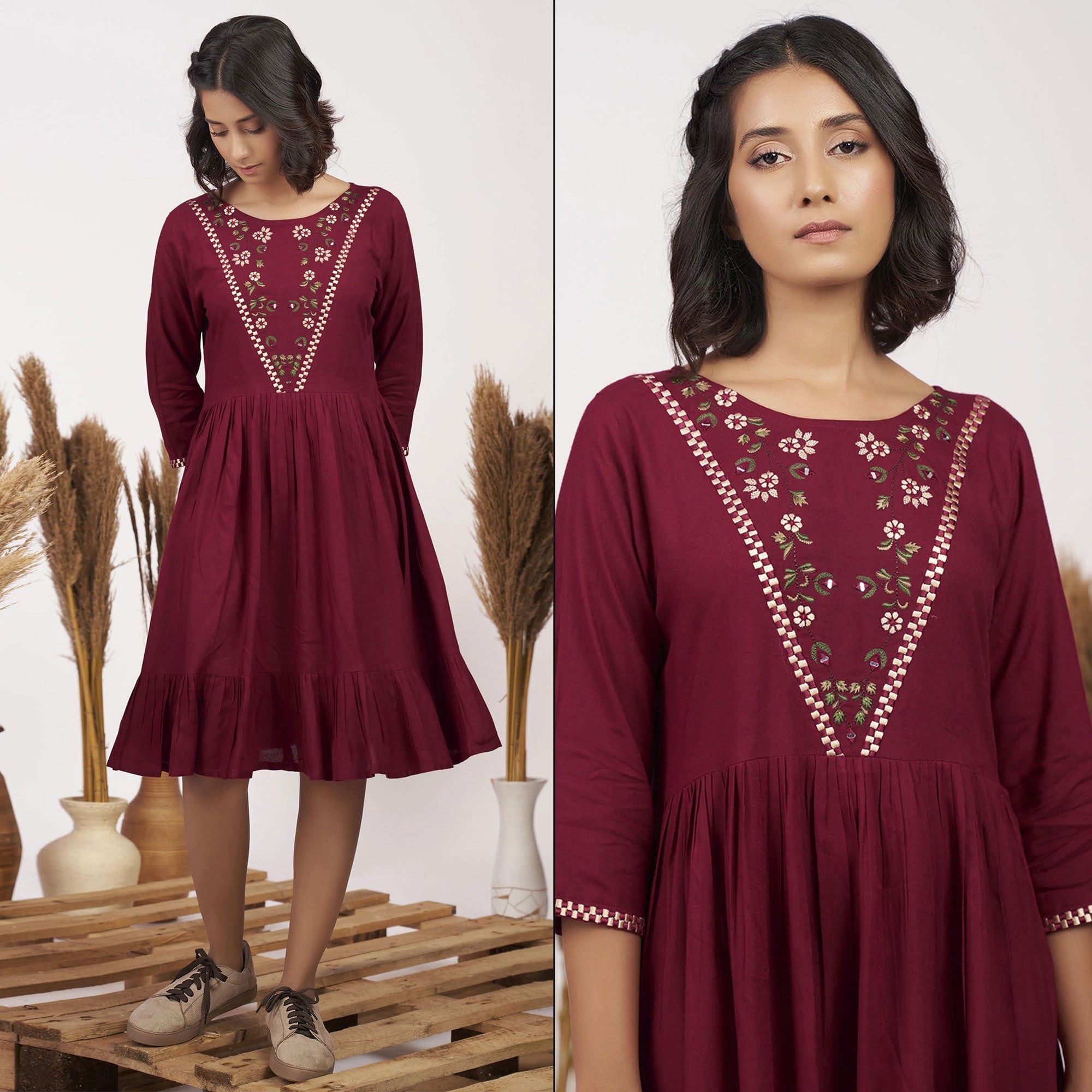 Peachmode Maroon Floral Embroidered Rayon Short Dress