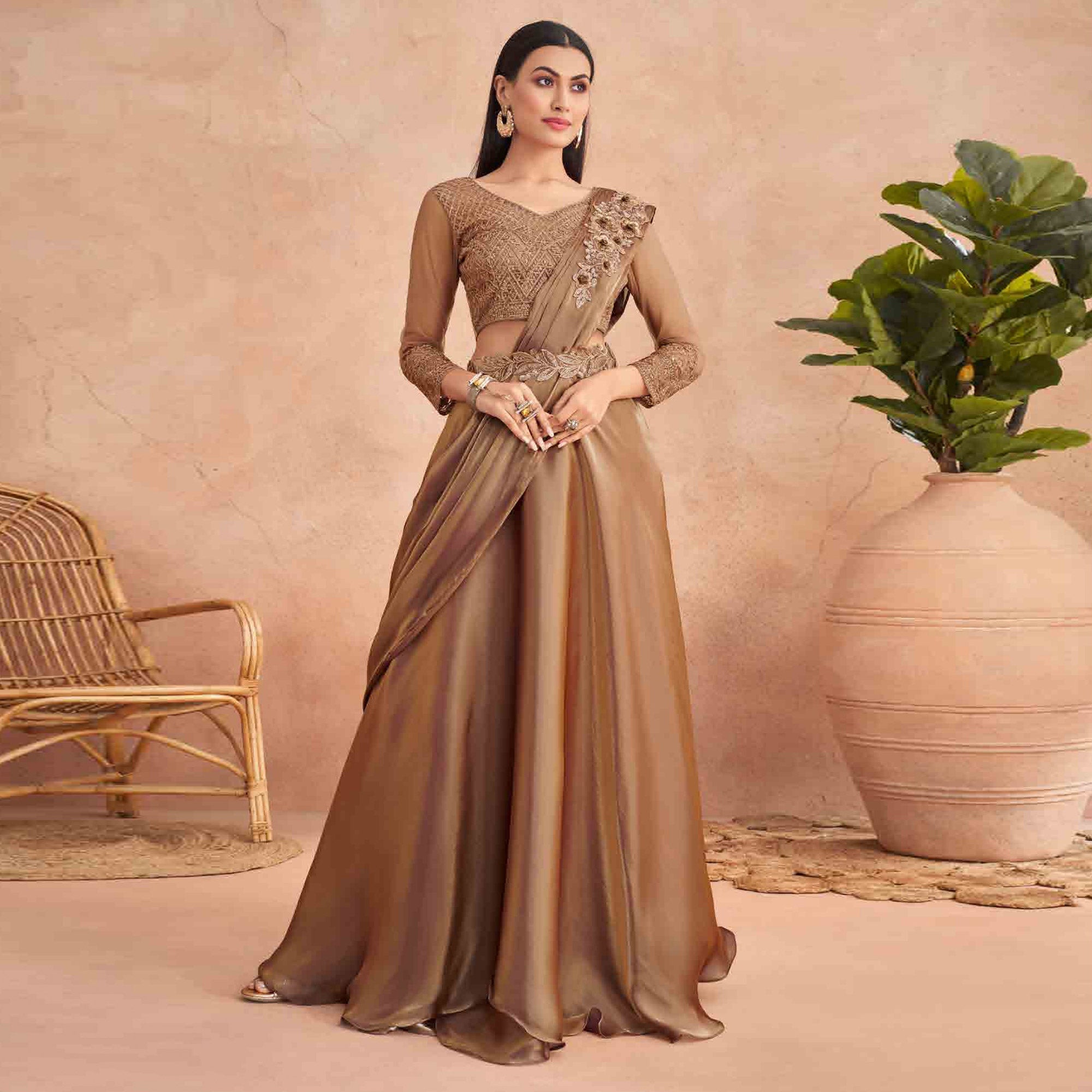 Peachmode Seller Brown Sequins Embroidered Ready to Wear Art silk saree - view 2