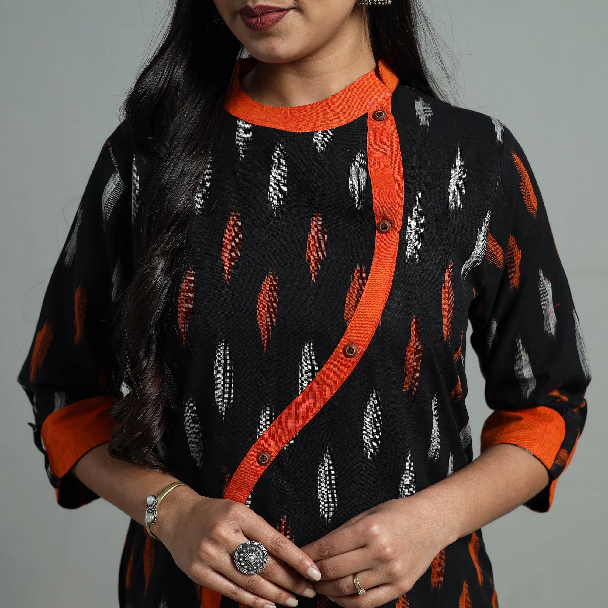 DARAM Black - Angrakha Cotton Straight Pochampally Ikat Kurta 13 - view 6