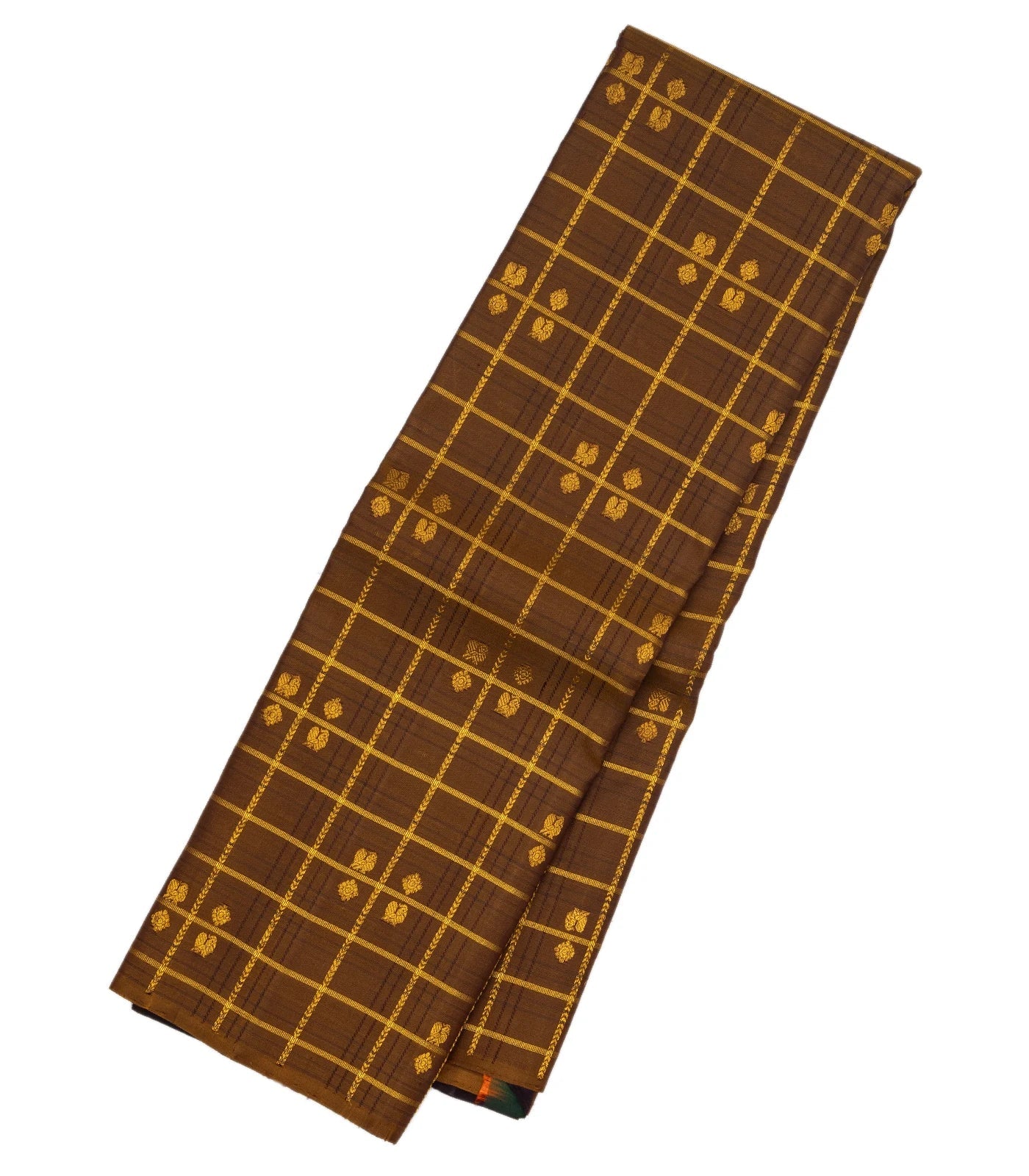RmKV Dark Olive Handloom Kanchipuram Silk Saree With Checks & Buttas