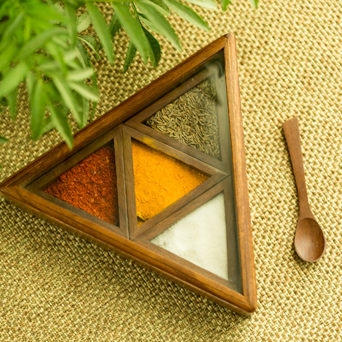 EXCLUSIVELANE Sheesham Wood Pyramid Spice Box With Spoon (4 Containers)
