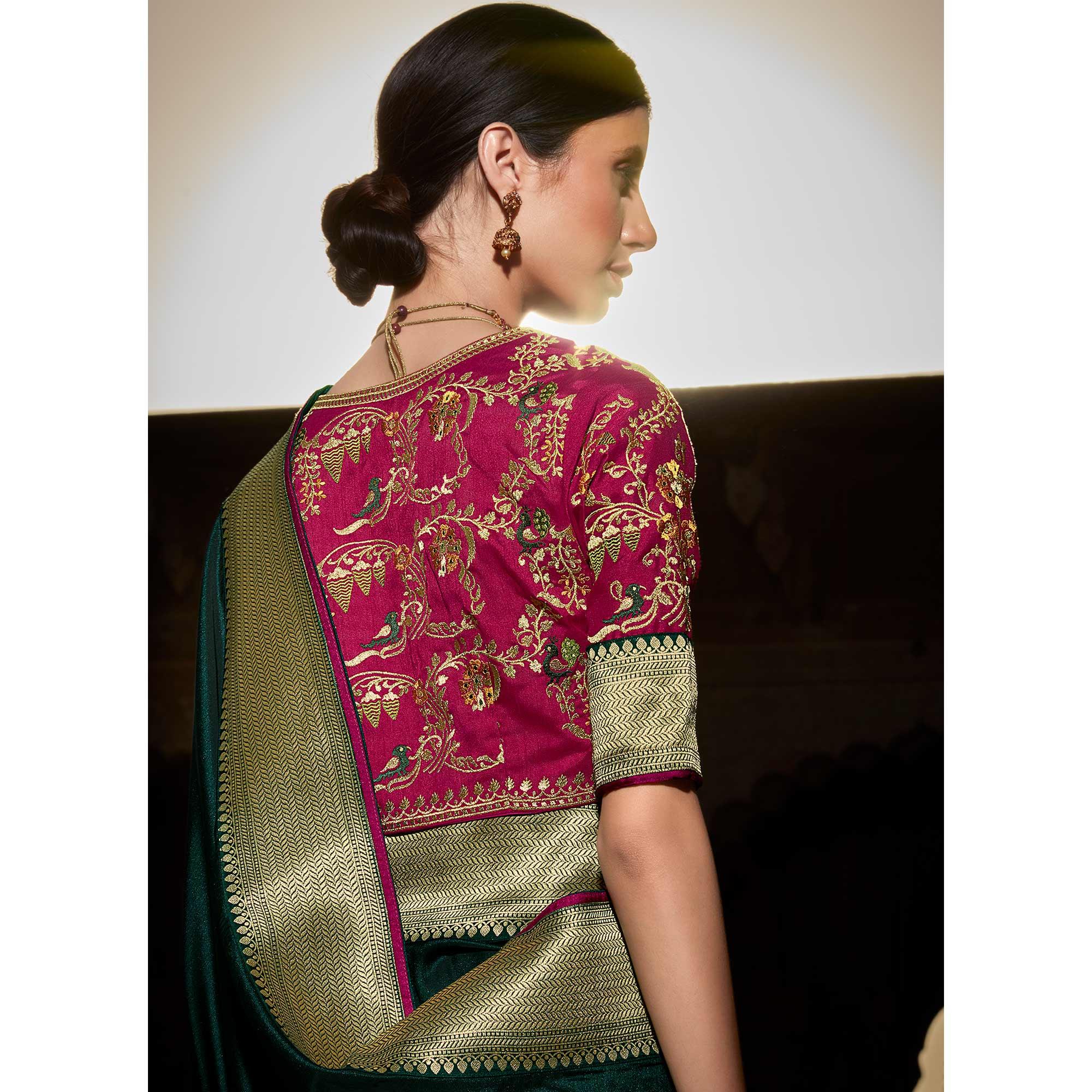 Peachmode Dark Green Festive Wear Floral Woven With Emrboidered Silk Saree - view 3