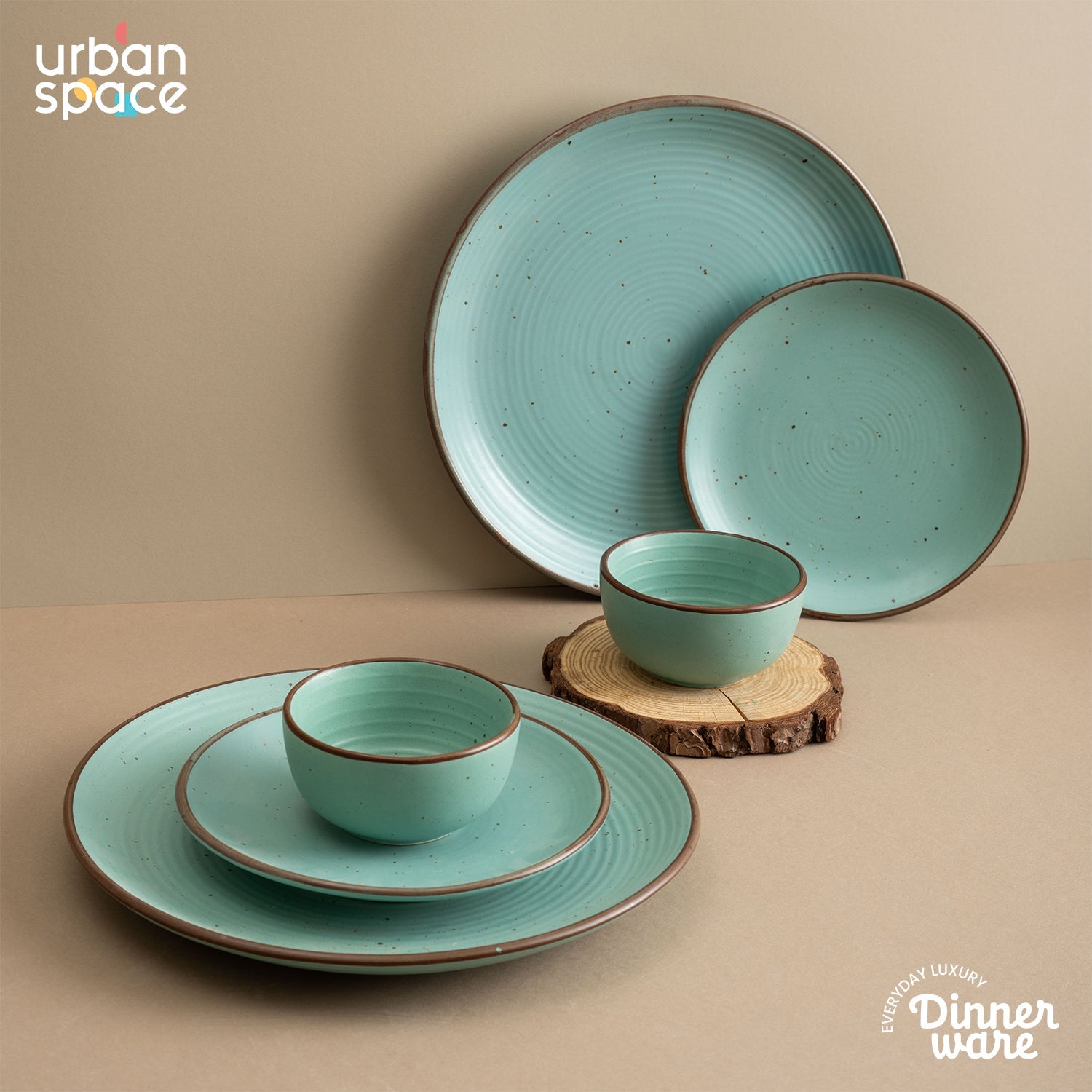 Urban Space Home Furnishing Handmade Ceramic Full dinner set for 2, 2 pieces each of dinner plate, quarter plate and katori bowls, Set of 6, Ocean Gre - view 2