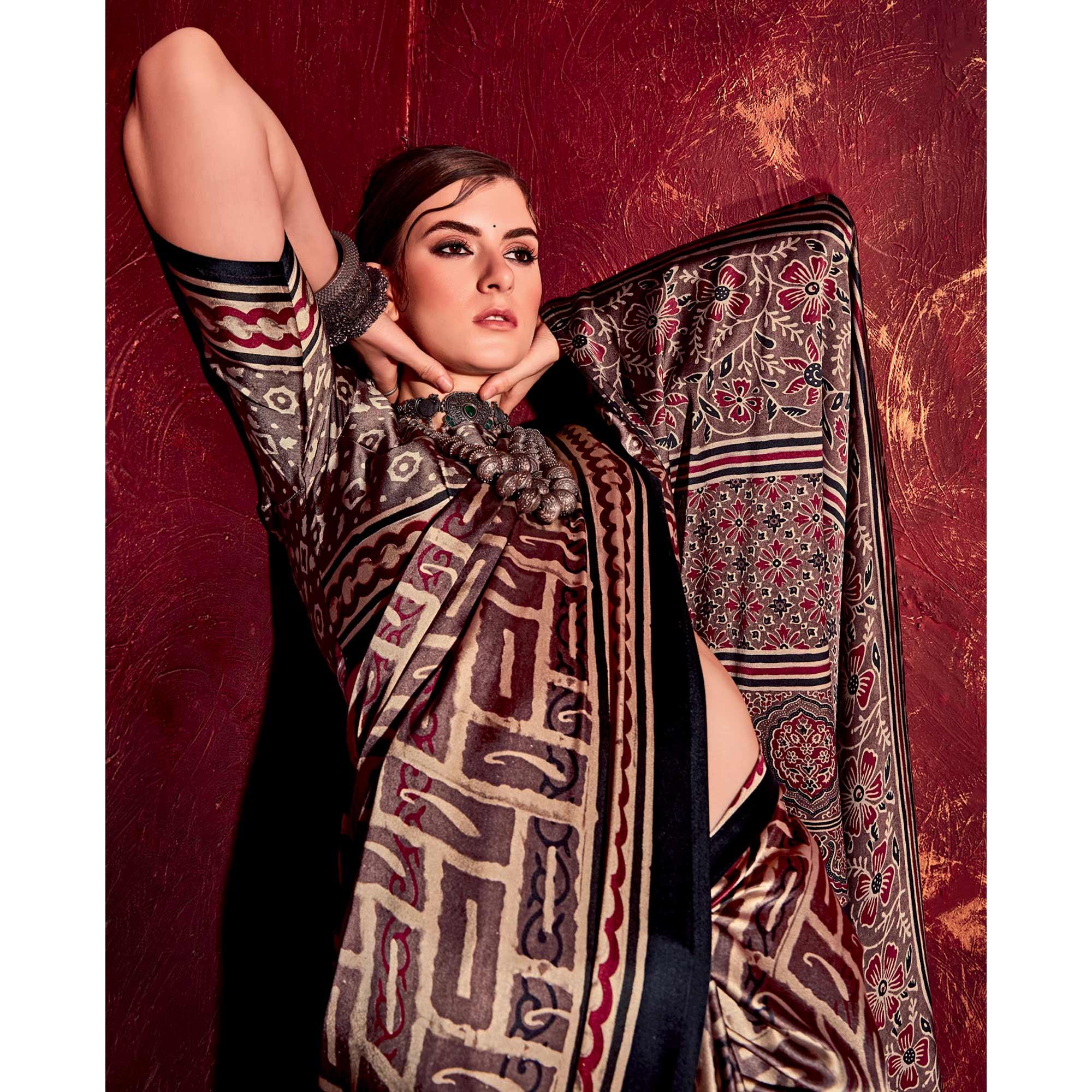 Peachmode Dark Brown Printed Satin Saree – Women's - view 4