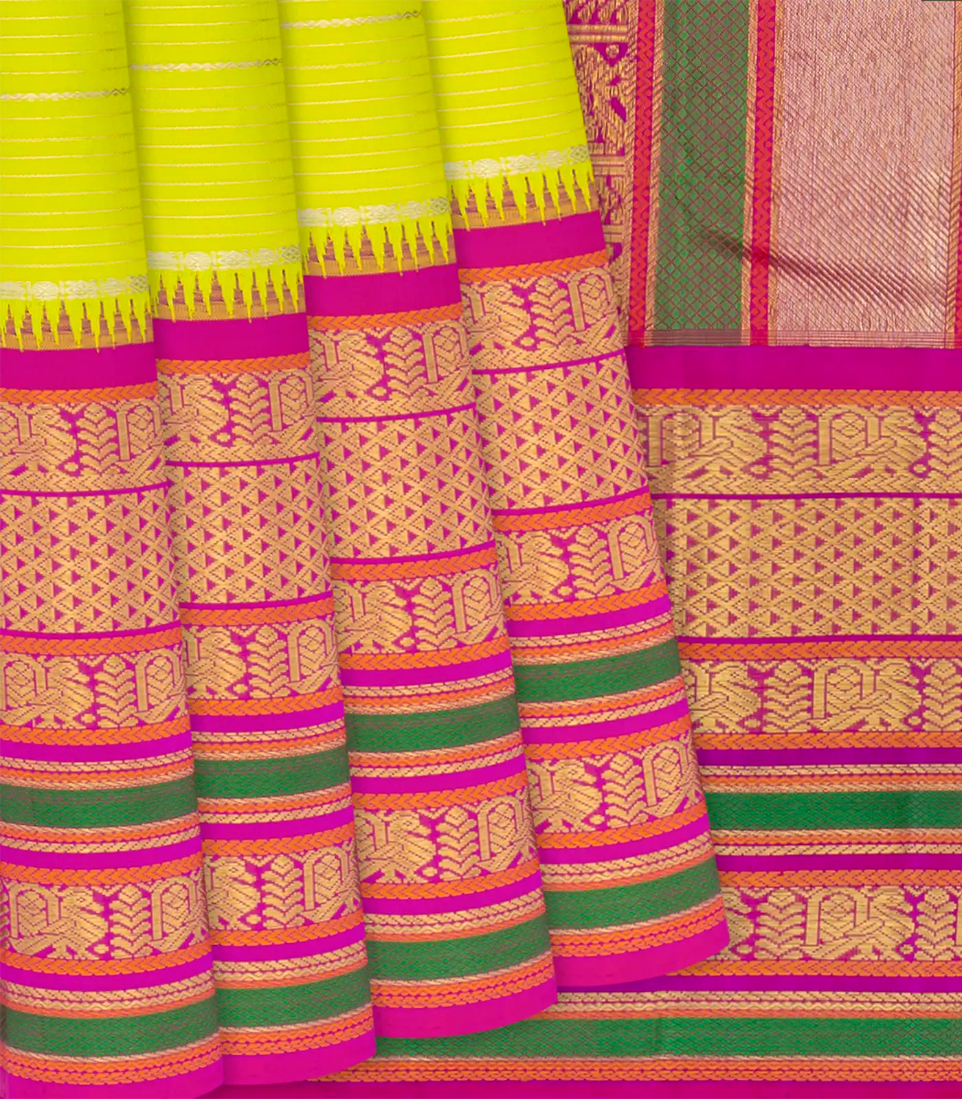 RmKV Neon Green Handloom Kanchipuram Korvai Silk Saree With Stripes-Neon Green