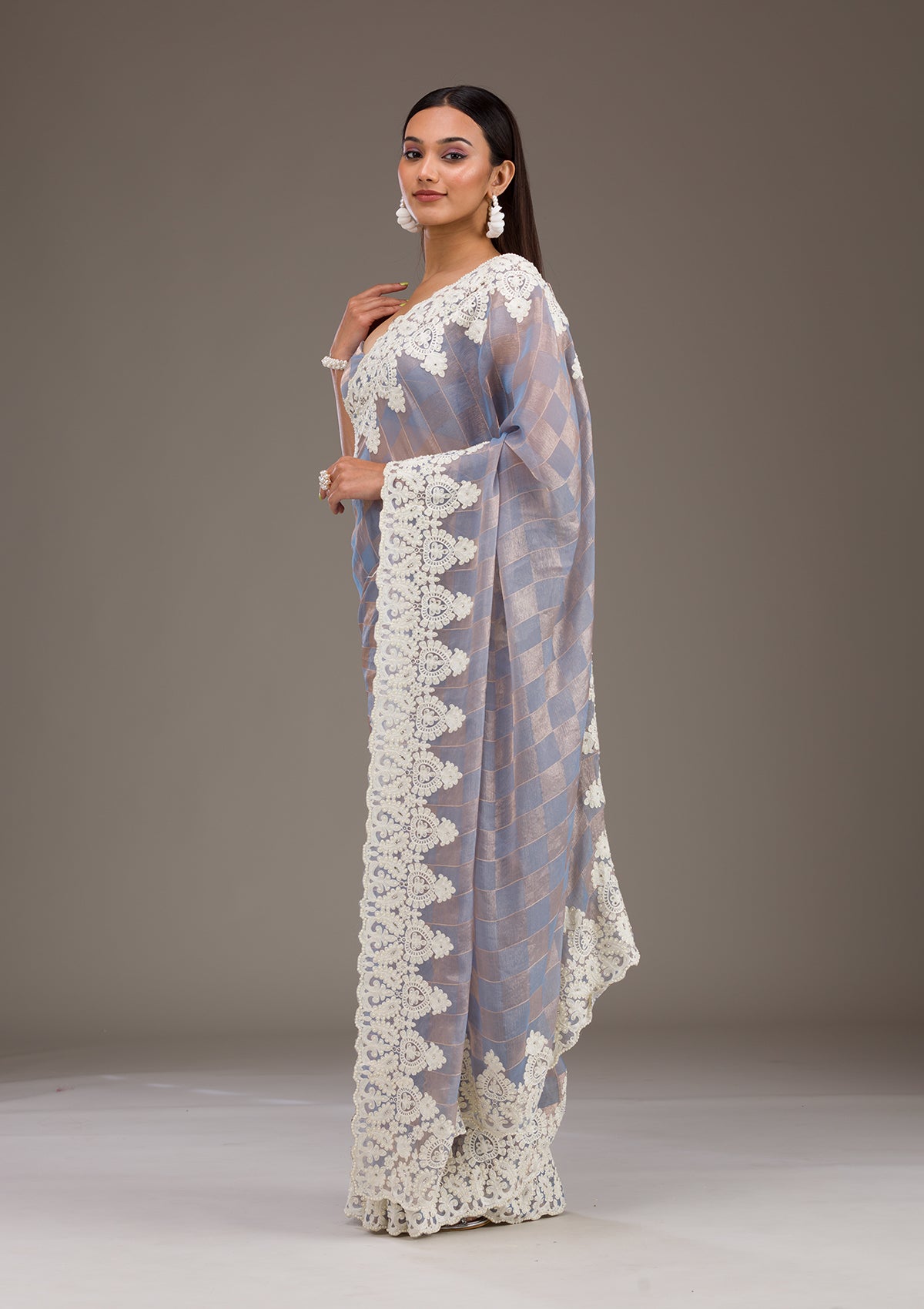 Koskii Grey Pearlwork Tissue Saree – Women's - view 3