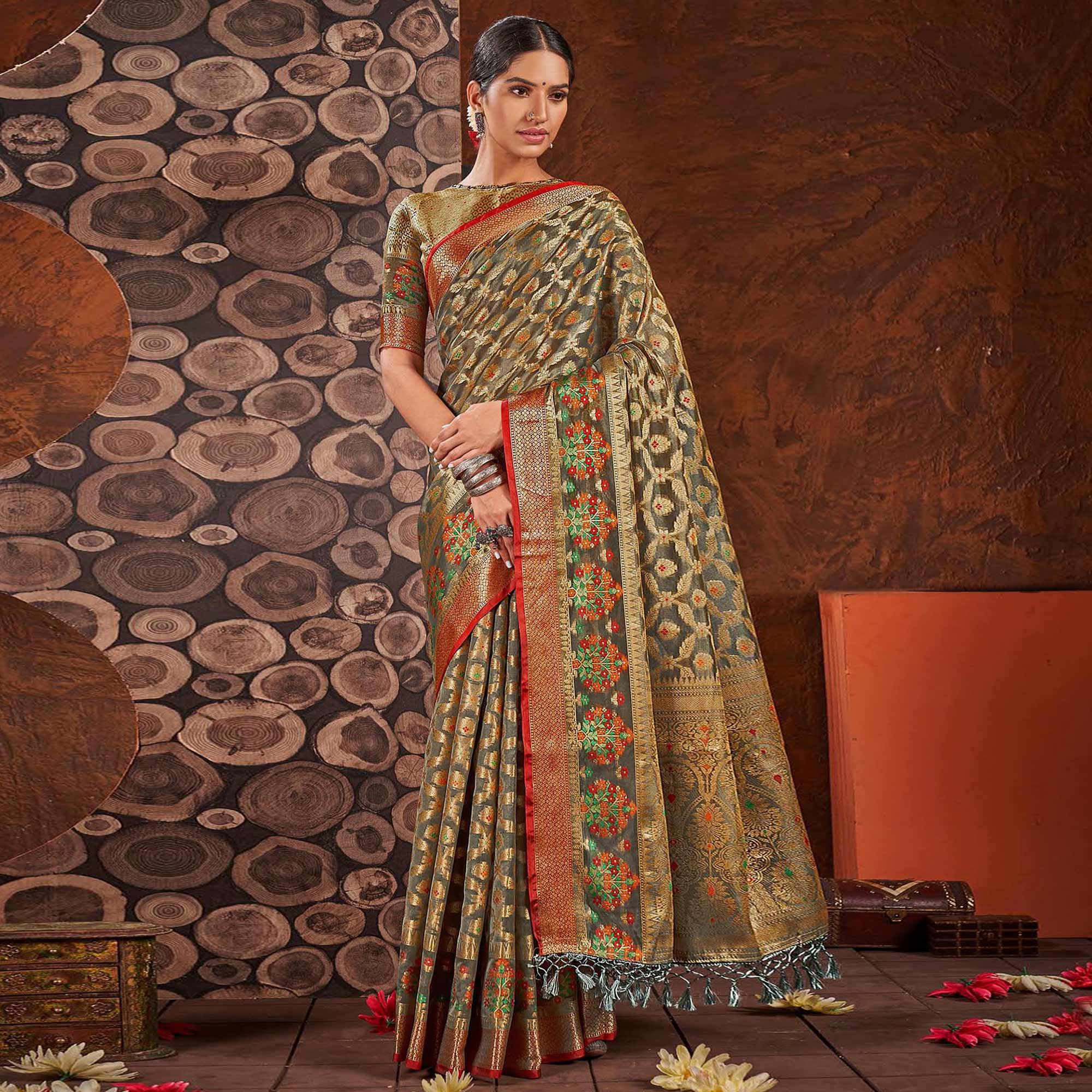 Peachmode Grey Woven Organza Saree With Tassels