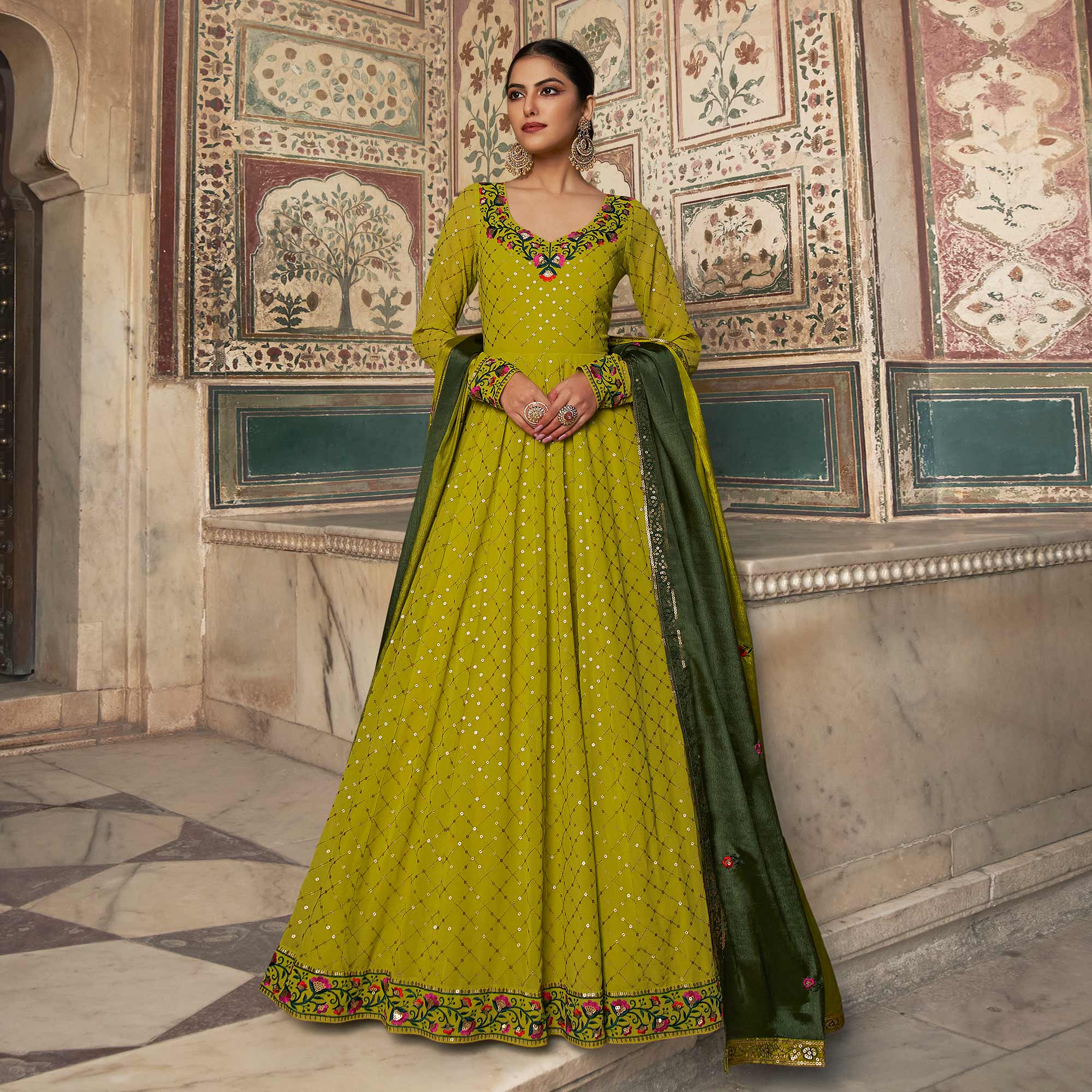 Peachmode Seller Lime Green Sequins Embroidered Georgette Gown With Dupatta - view 2