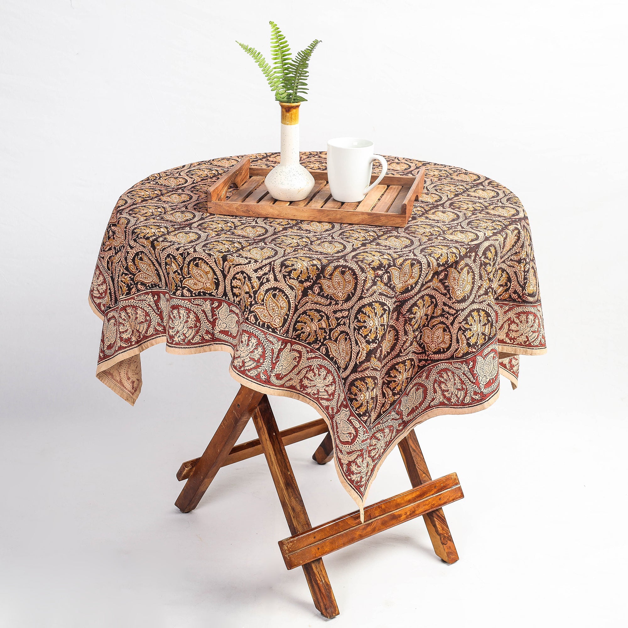 PITCHUKA SRINIVAS KALAMKARI PEDANA Beige - Original Pedana Kalamkari Block Printed Cotton Table Cover (45 x 45 in)