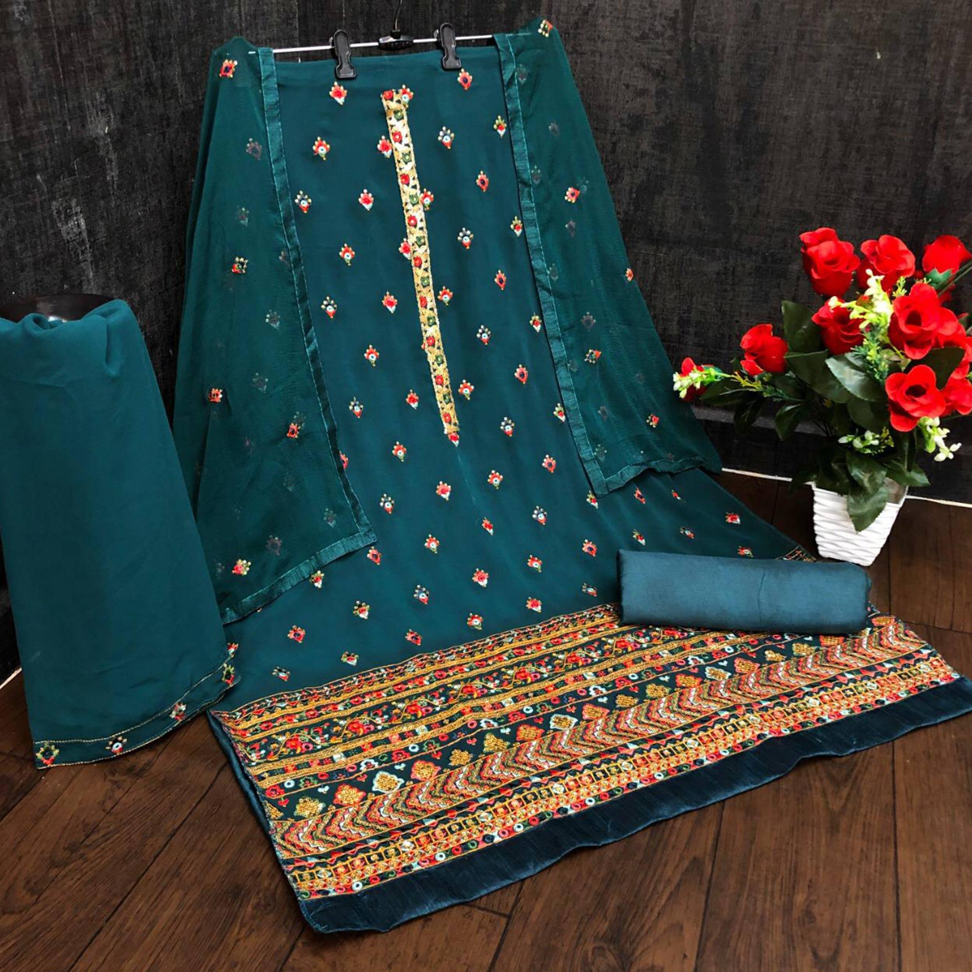 Peachmode Festive Wear Sea Green Sequins Embroidery Work Faux Georgette Patiala Suit - view 3